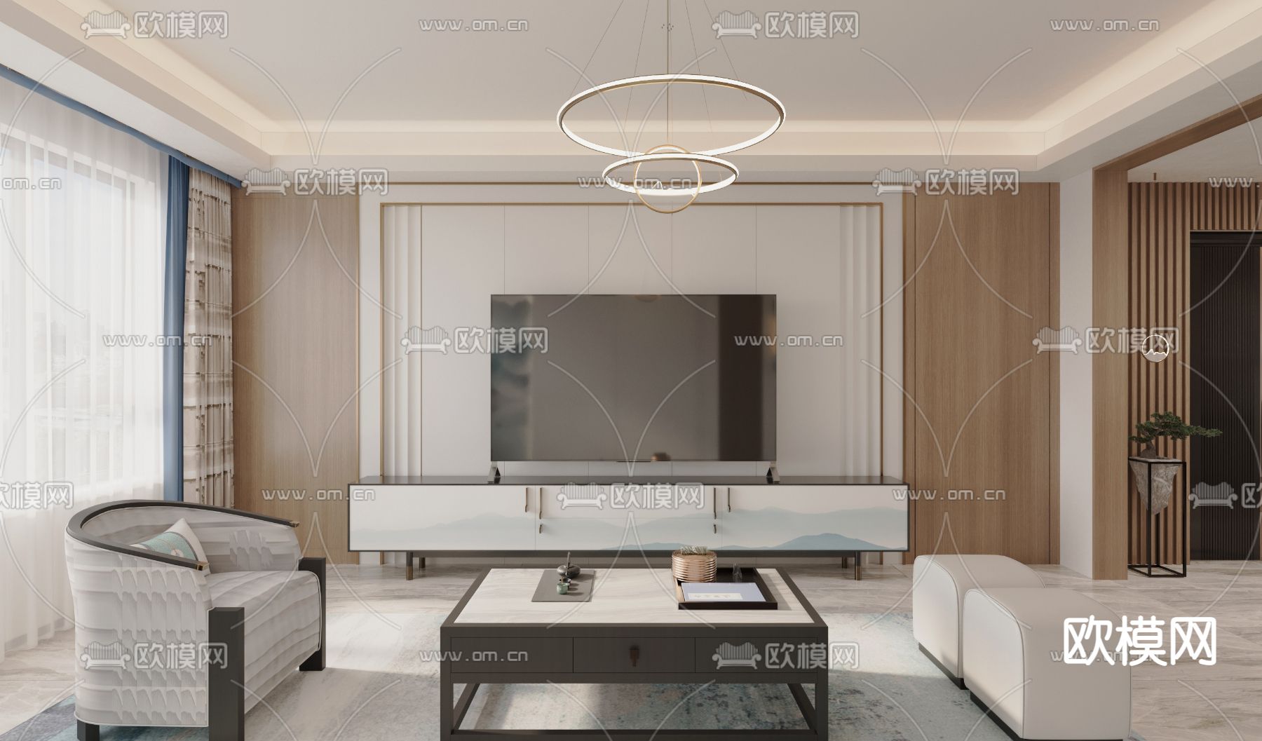 新中式客厅 餐厅免费3d模型下载（渲染图2）