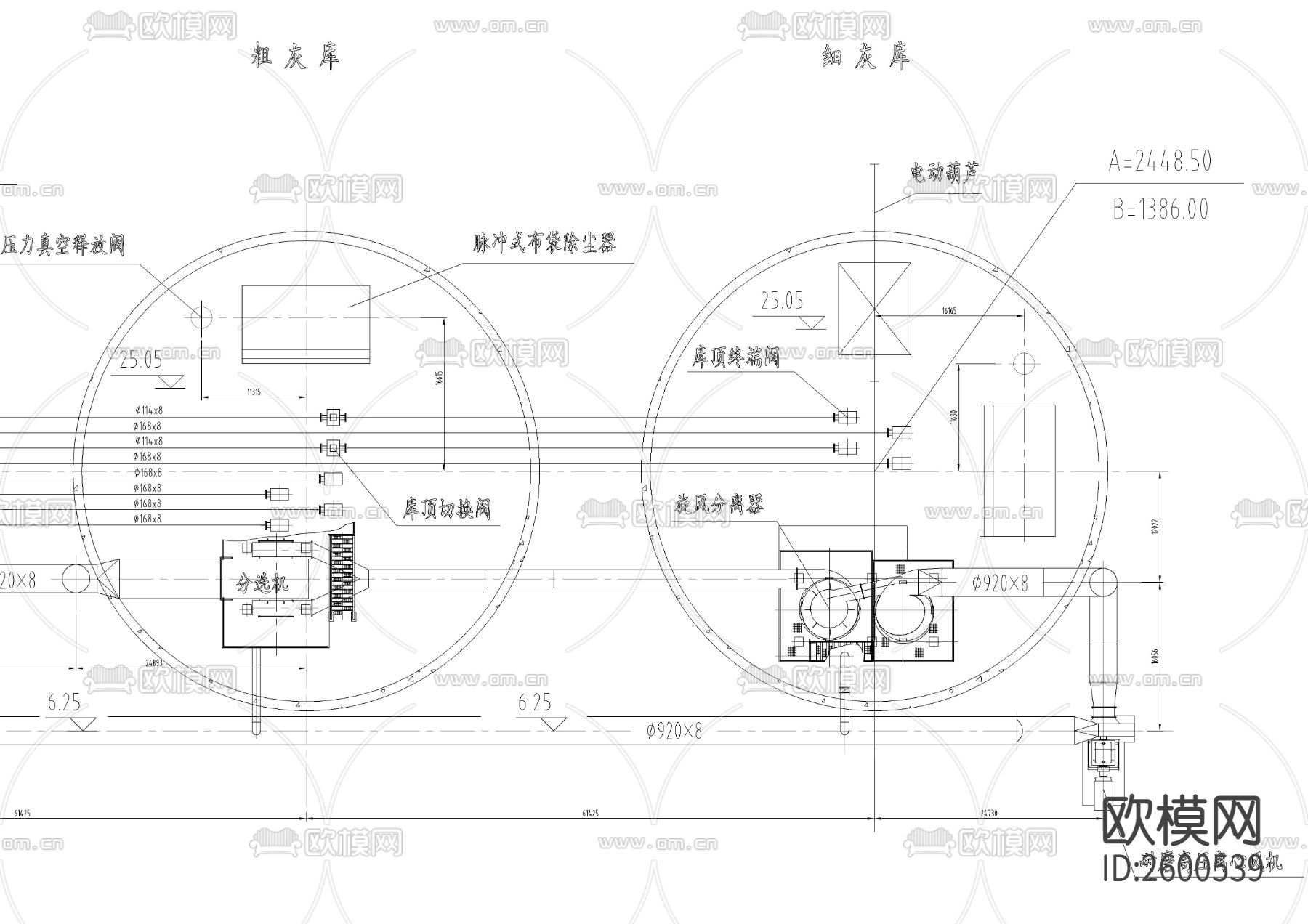 粉煤灰分选系统库顶CAD图库下载（渲染图3）