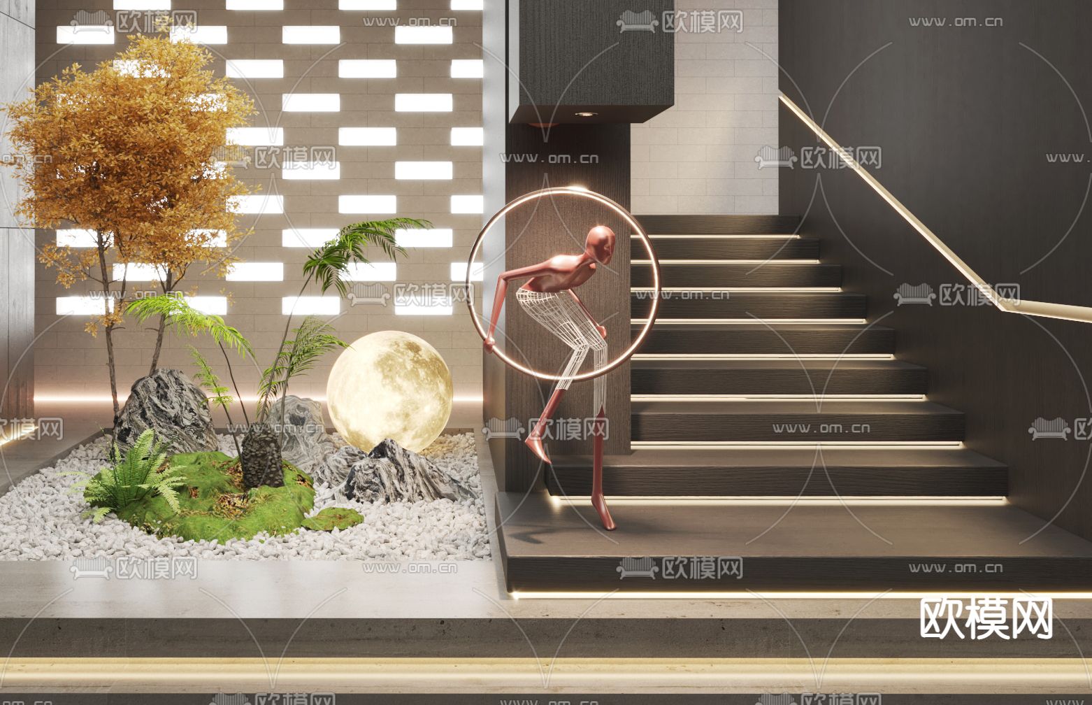 楼梯间造景 植物堆3d模型下载（渲染图2）