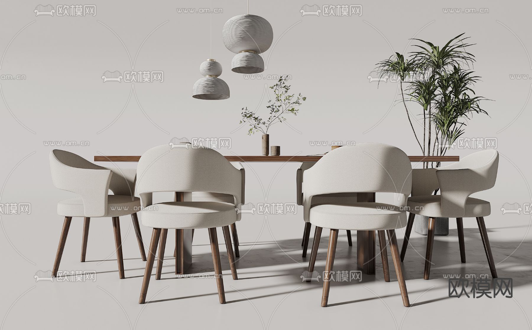 侘寂条形餐桌椅su模型下载（渲染图2）