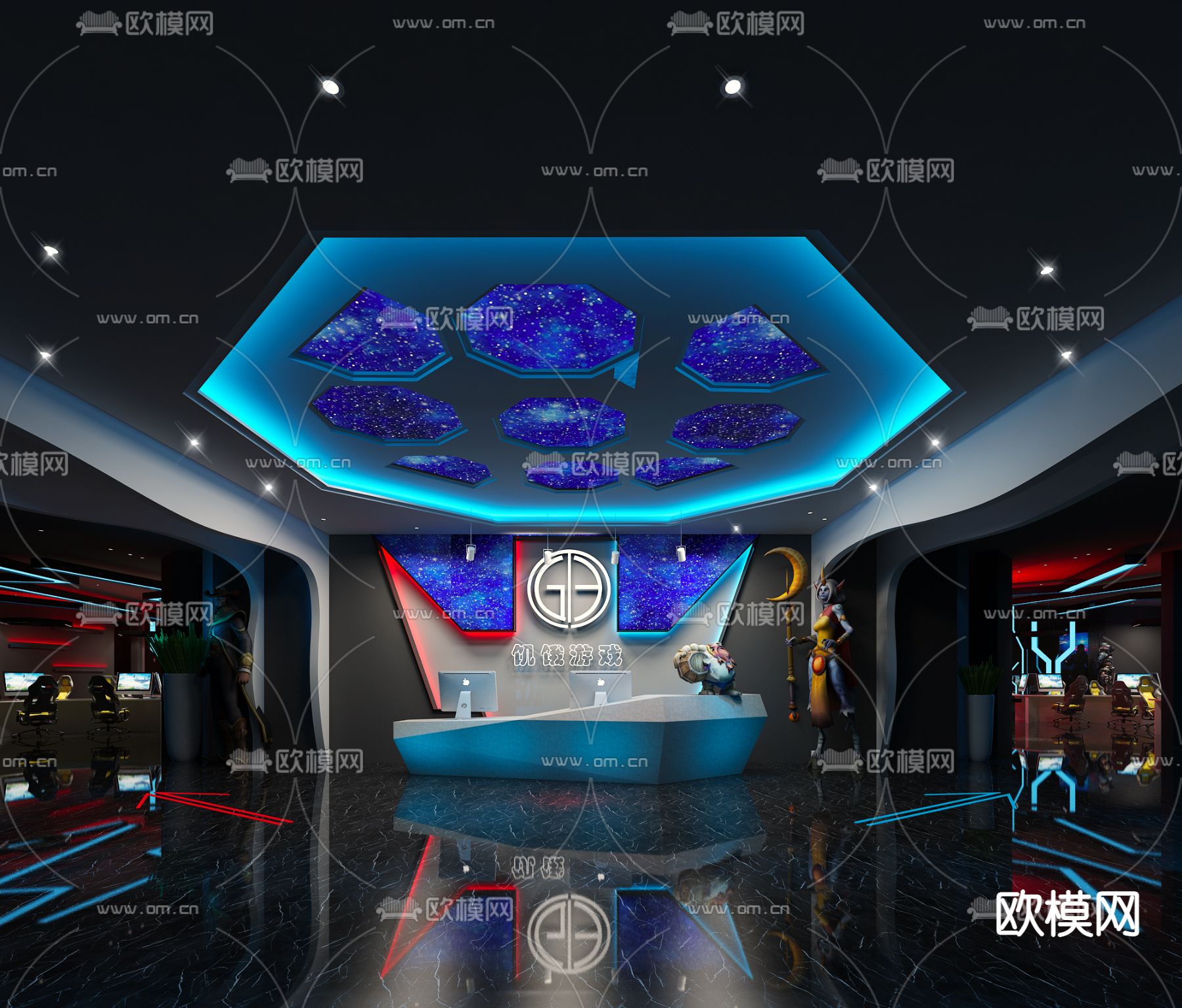 现代网吧 前台接待su模型下载（渲染图1）