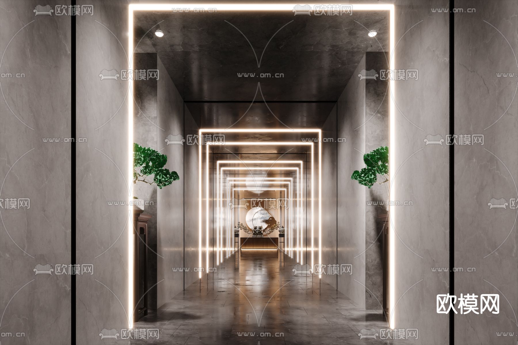新中式走廊 大厅过道su模型下载（渲染图1）