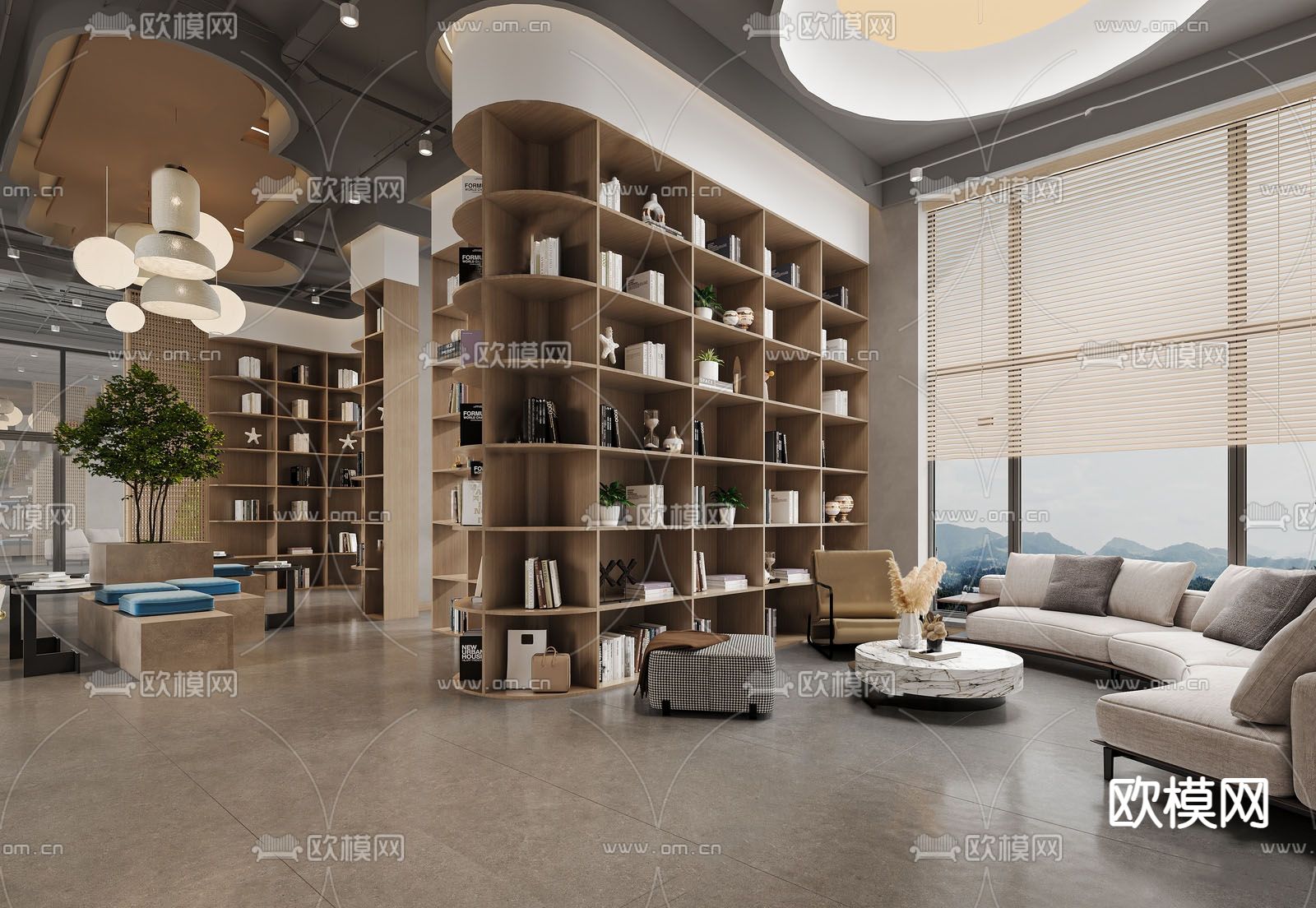 现代图书馆 阅读室su模型下载（渲染图1）