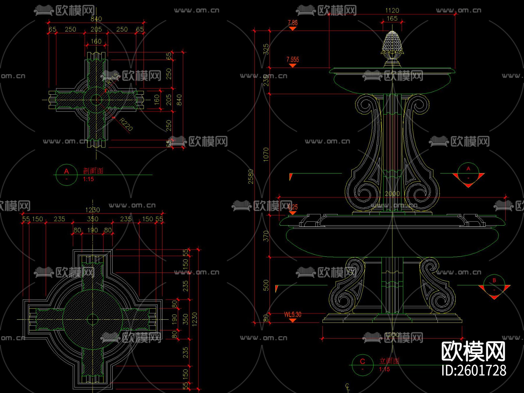 法式花钵CAD施工图下载（渲染图7）