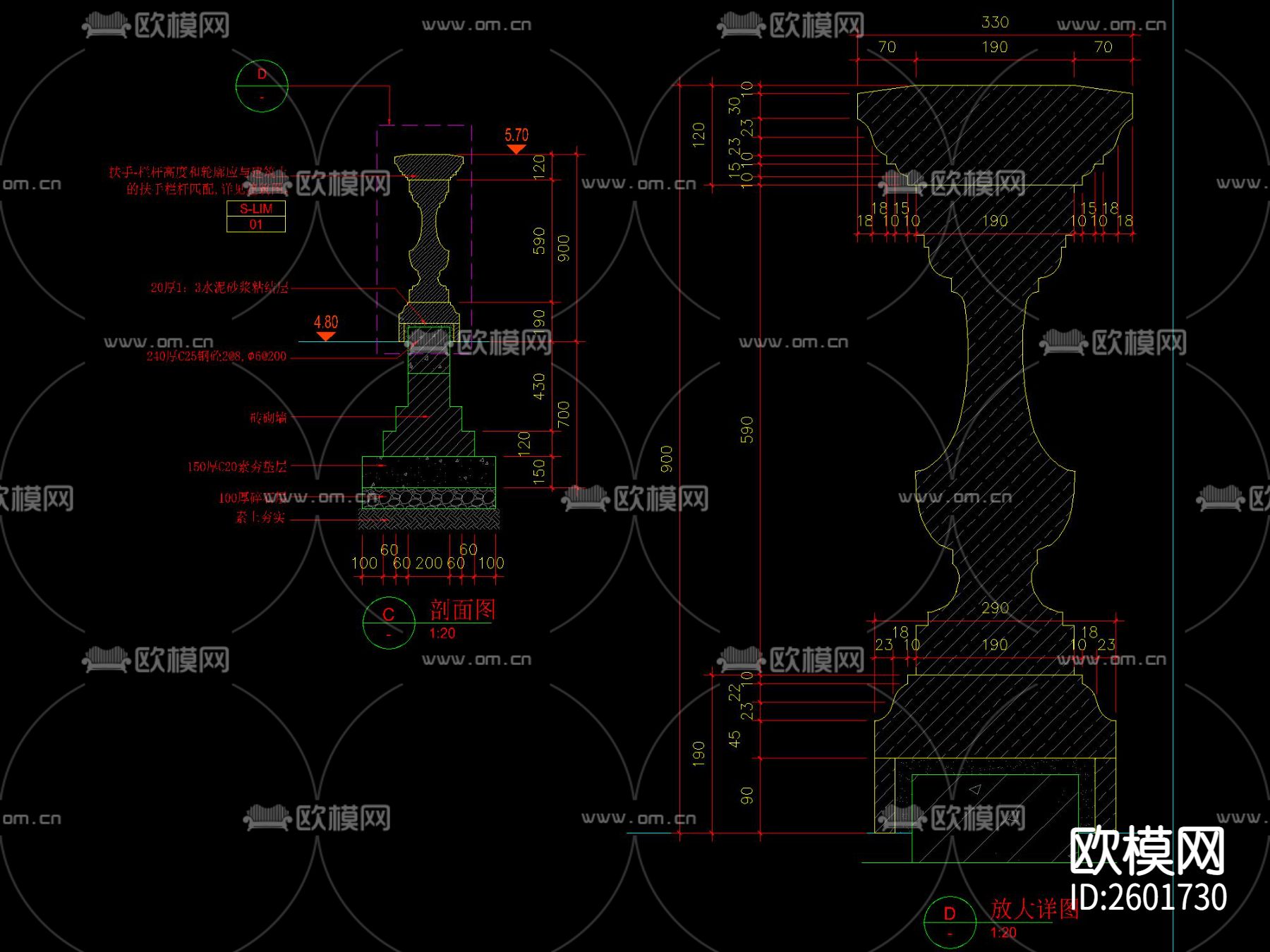 法式花钵栏杆CAD施工图下载（渲染图4）