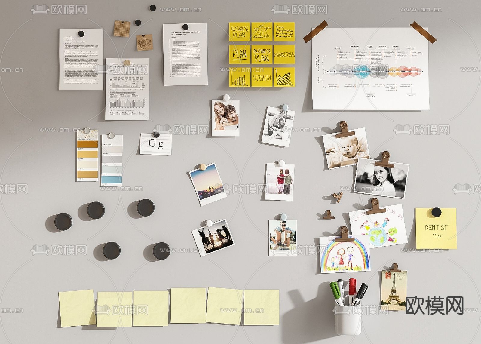 现代办公白板 便签纸su模型下载（渲染图1）