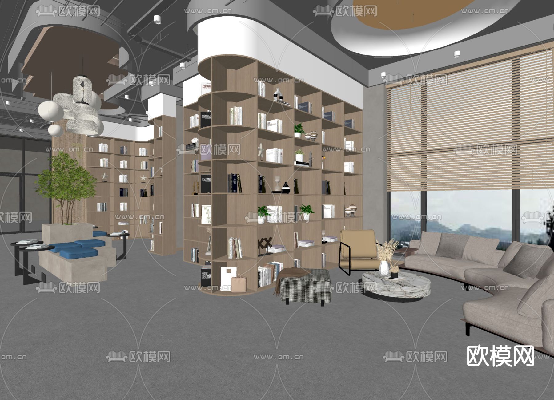 现代图书馆 阅读室su模型下载（渲染图2）