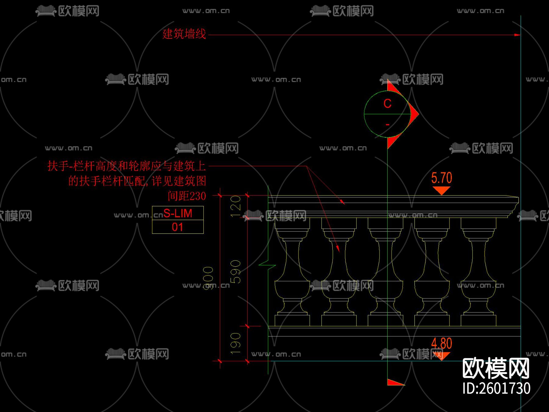 法式花钵栏杆CAD施工图下载（渲染图5）