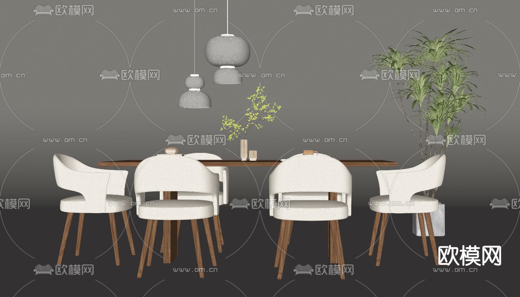 侘寂条形餐桌椅su模型下载（渲染图1）