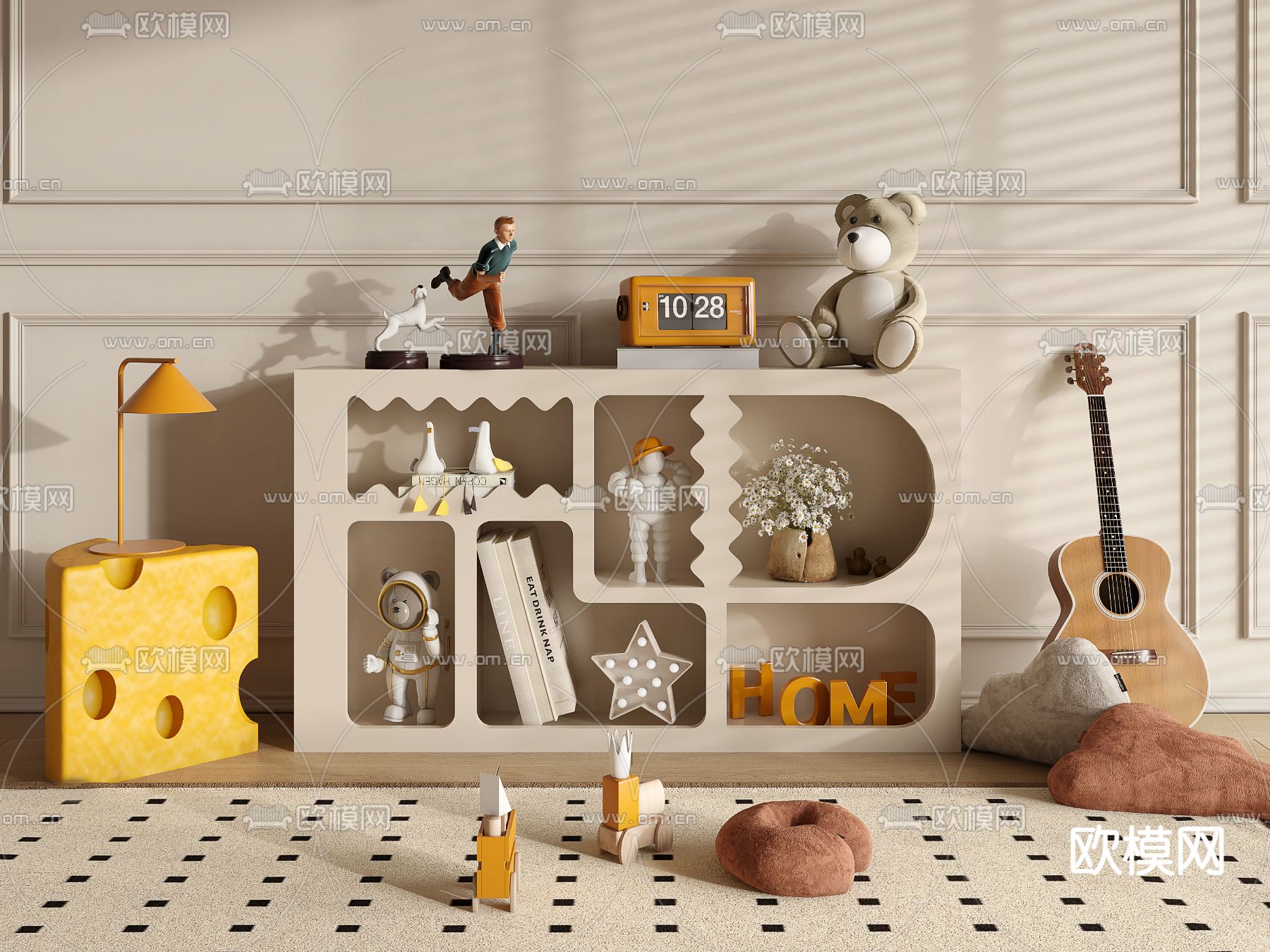 奶油风儿童柜 储物柜 边柜3d模型下载