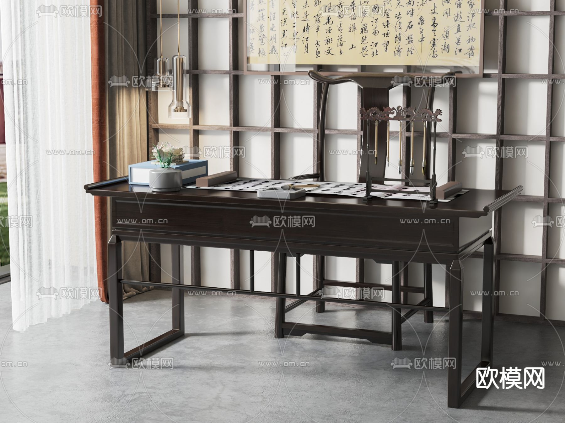 书桌椅 写字台 书台3d模型下载_ID14050466_3dmax免费模型-欧模网