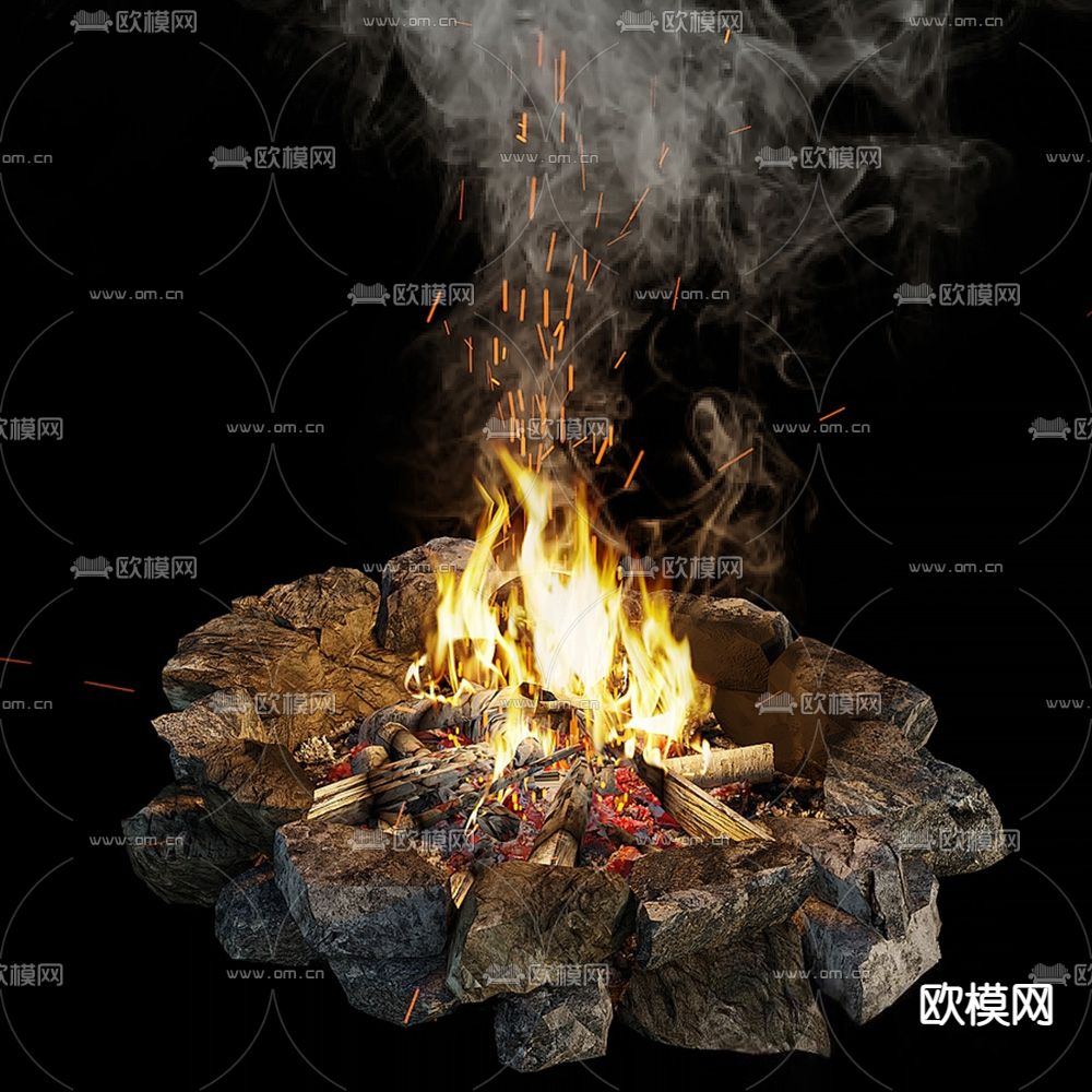 石头篝火堆su模型下载（渲染图1）