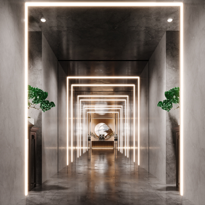  新中式走廊 大厅过道su模型 