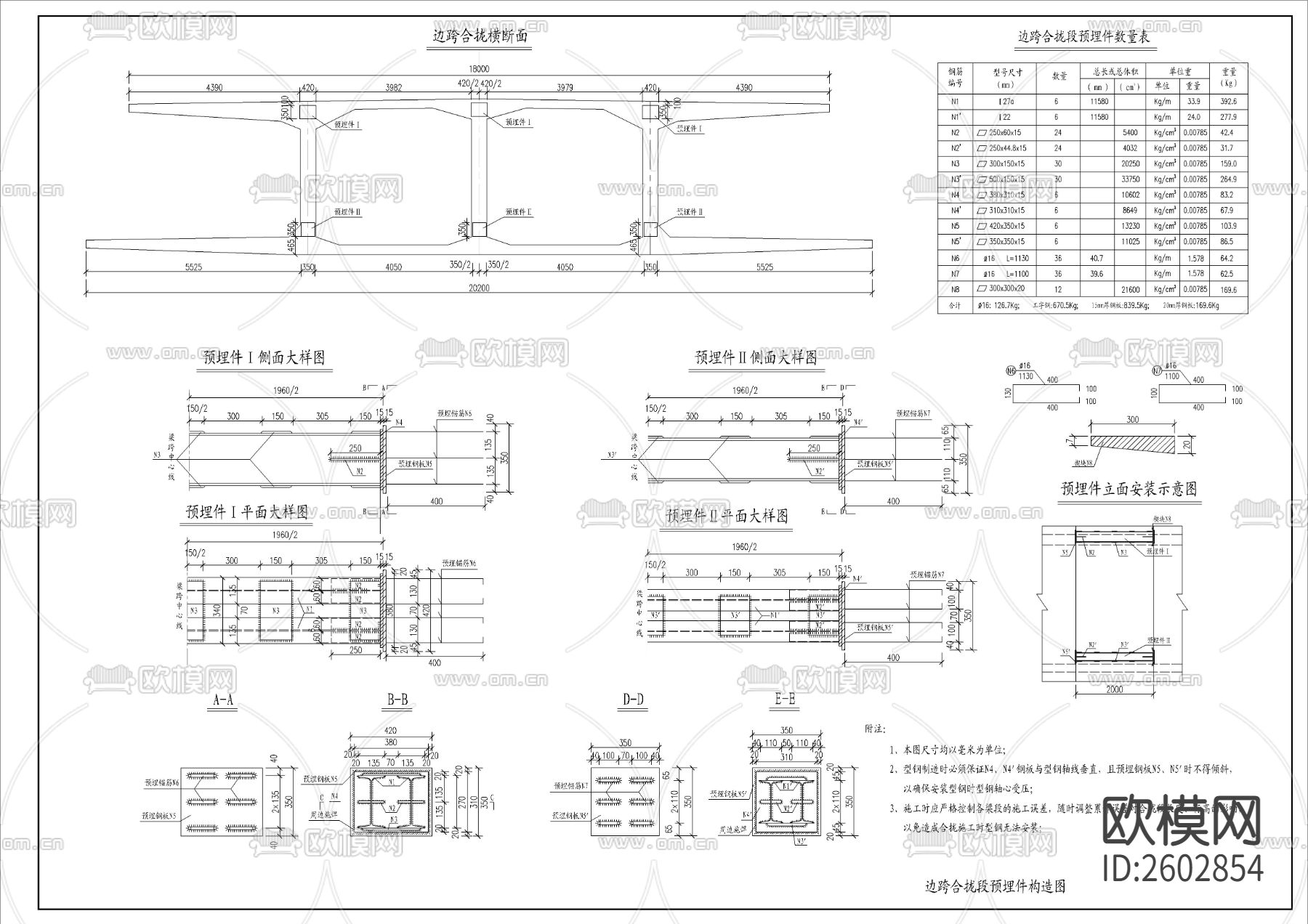 边跨合拢段预埋件CAD节点大样下载（渲染图1）