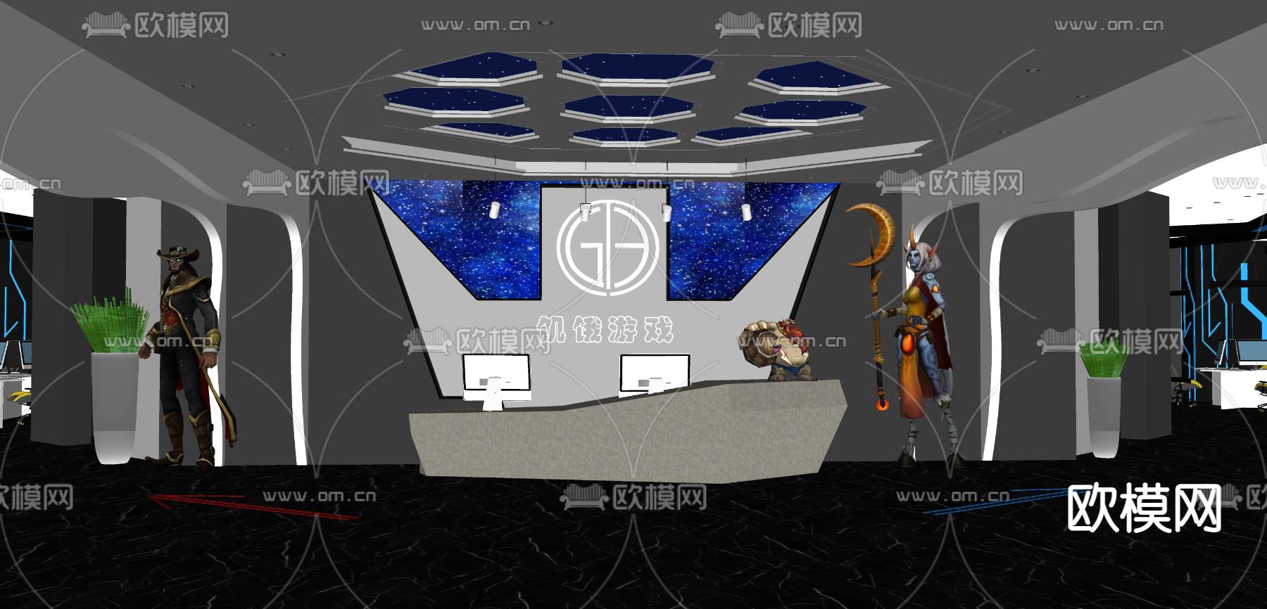 现代网吧 前台接待su模型下载（渲染图2）