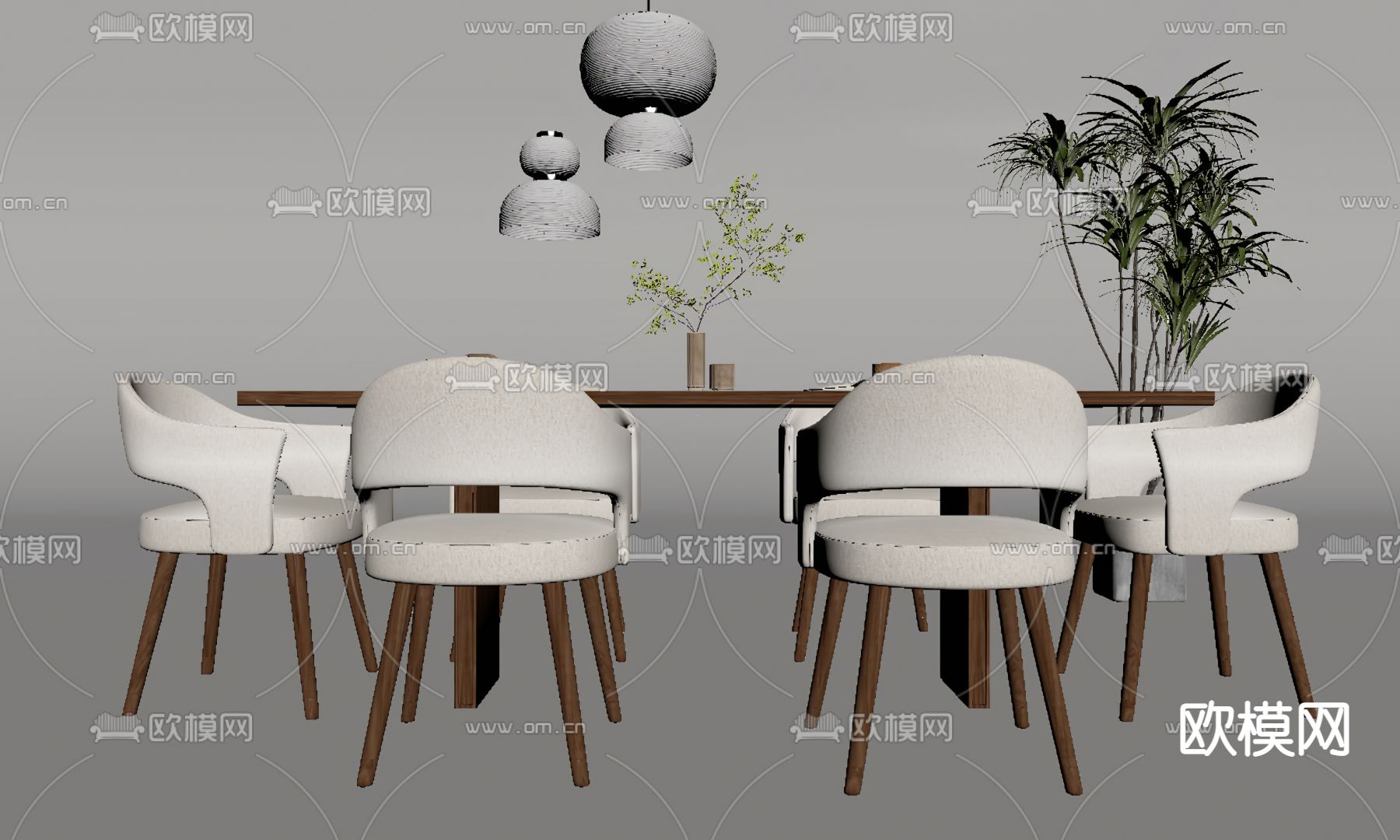 侘寂条形餐桌椅su模型下载（渲染图3）