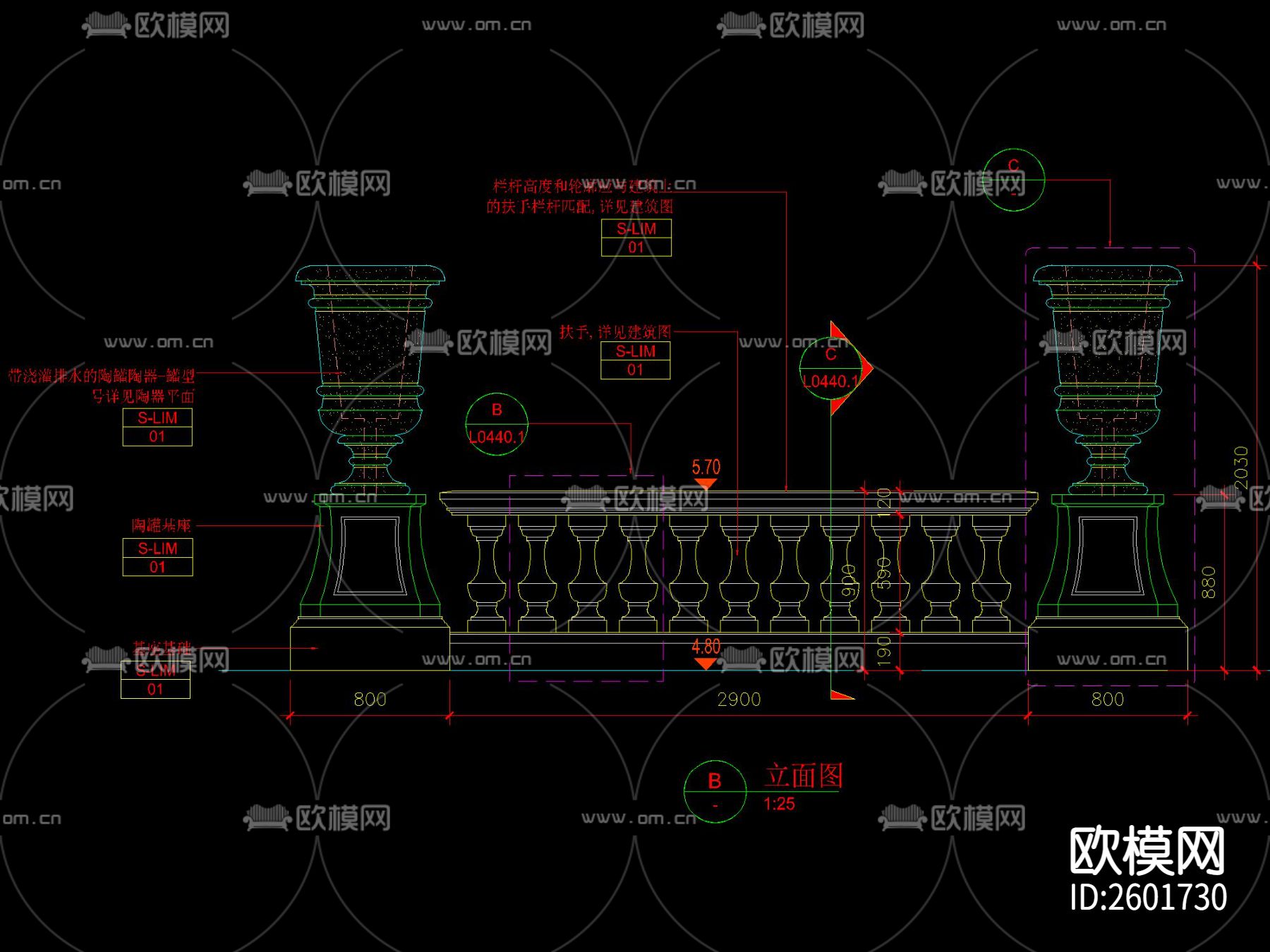 法式花钵栏杆CAD施工图下载（渲染图1）