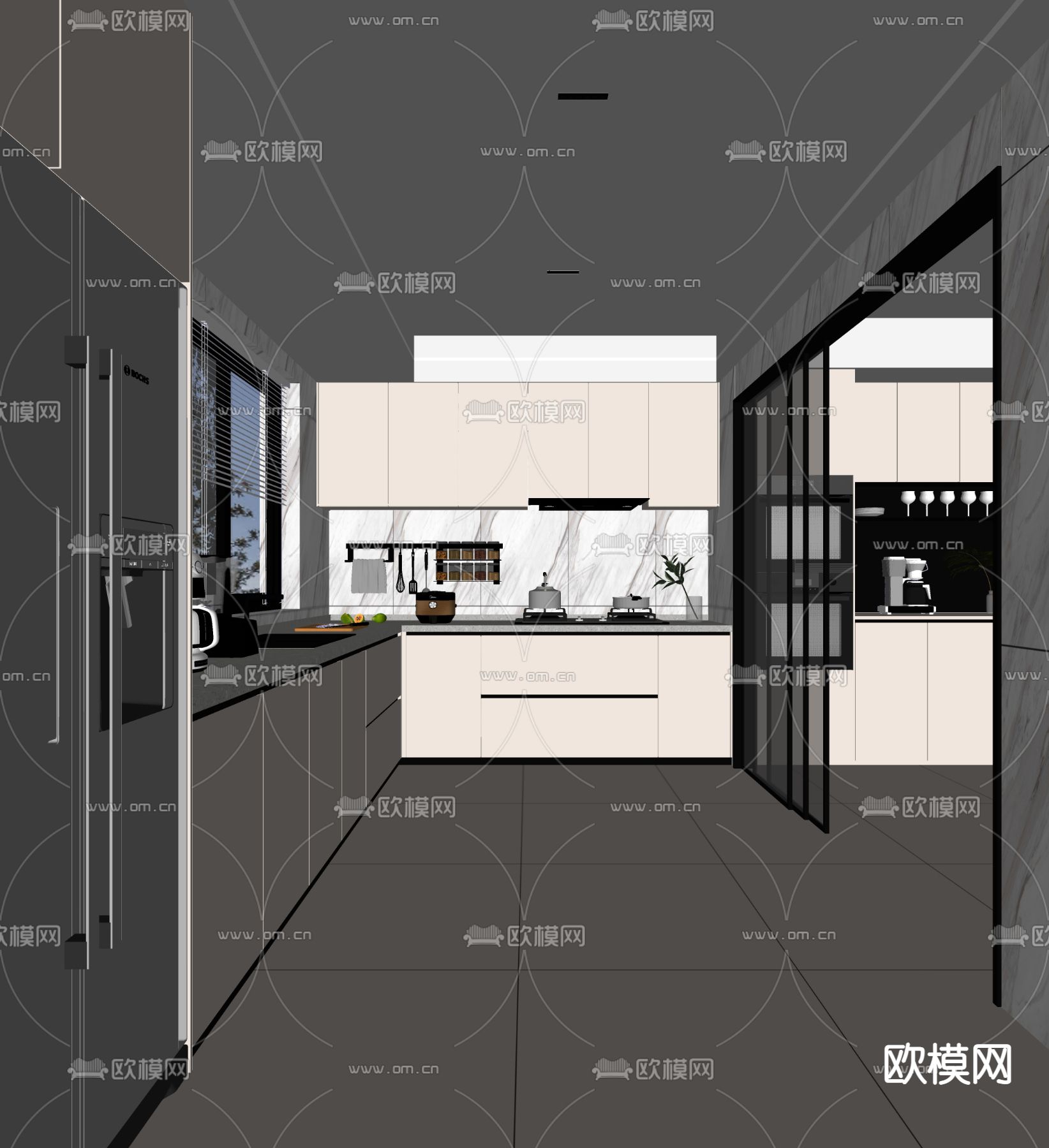 奶油风厨房 橱柜su模型