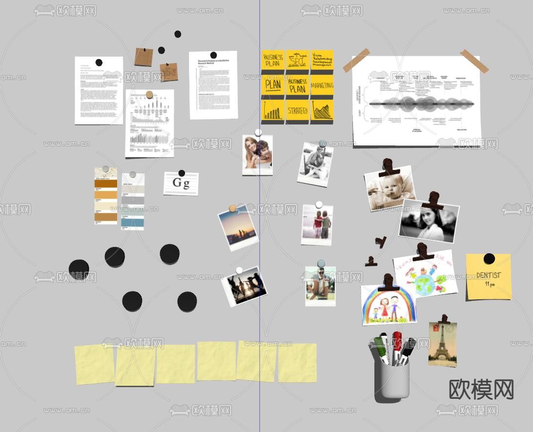 现代办公白板 便签纸su模型下载（渲染图2）