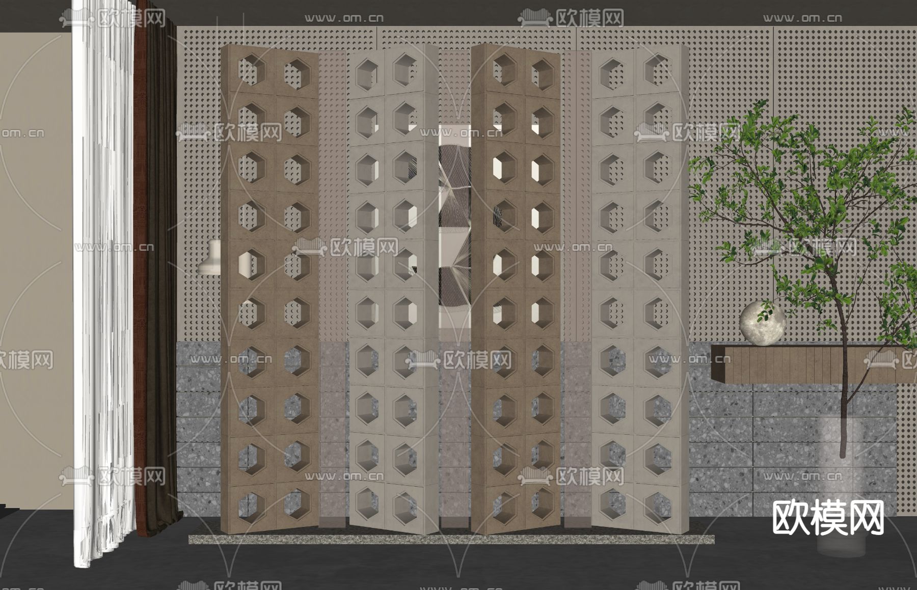 侘寂风屏风 隔断su模型下载（渲染图2）