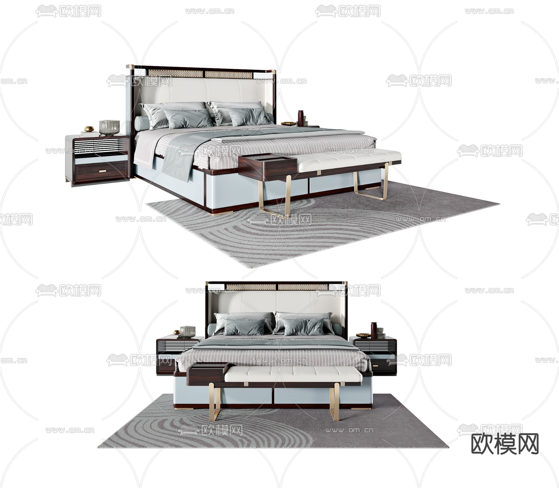 新中式双人床3d模型下载