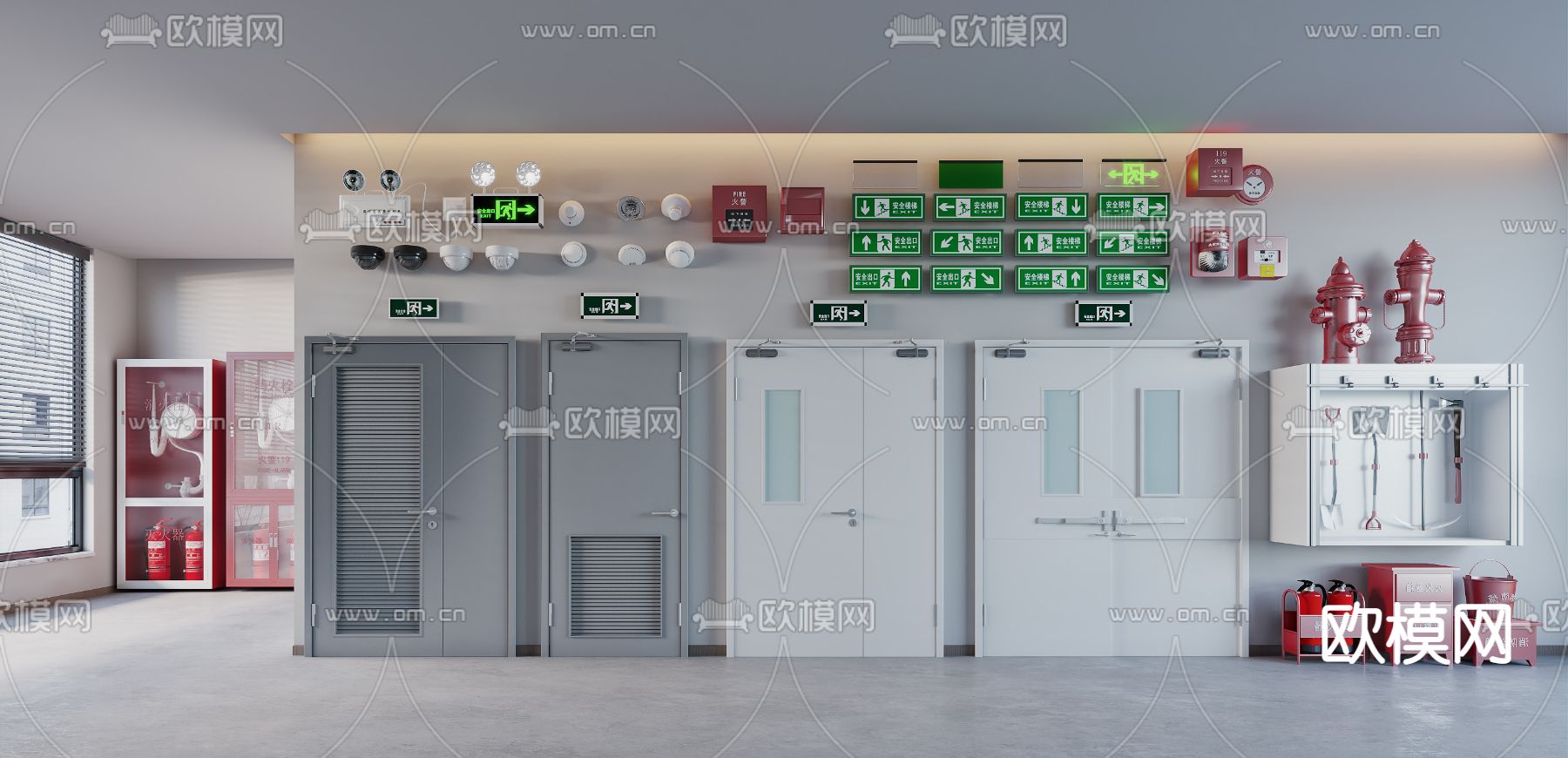 消防门 消防器材 消防栓 安全出口3d模型下载（渲染图2）