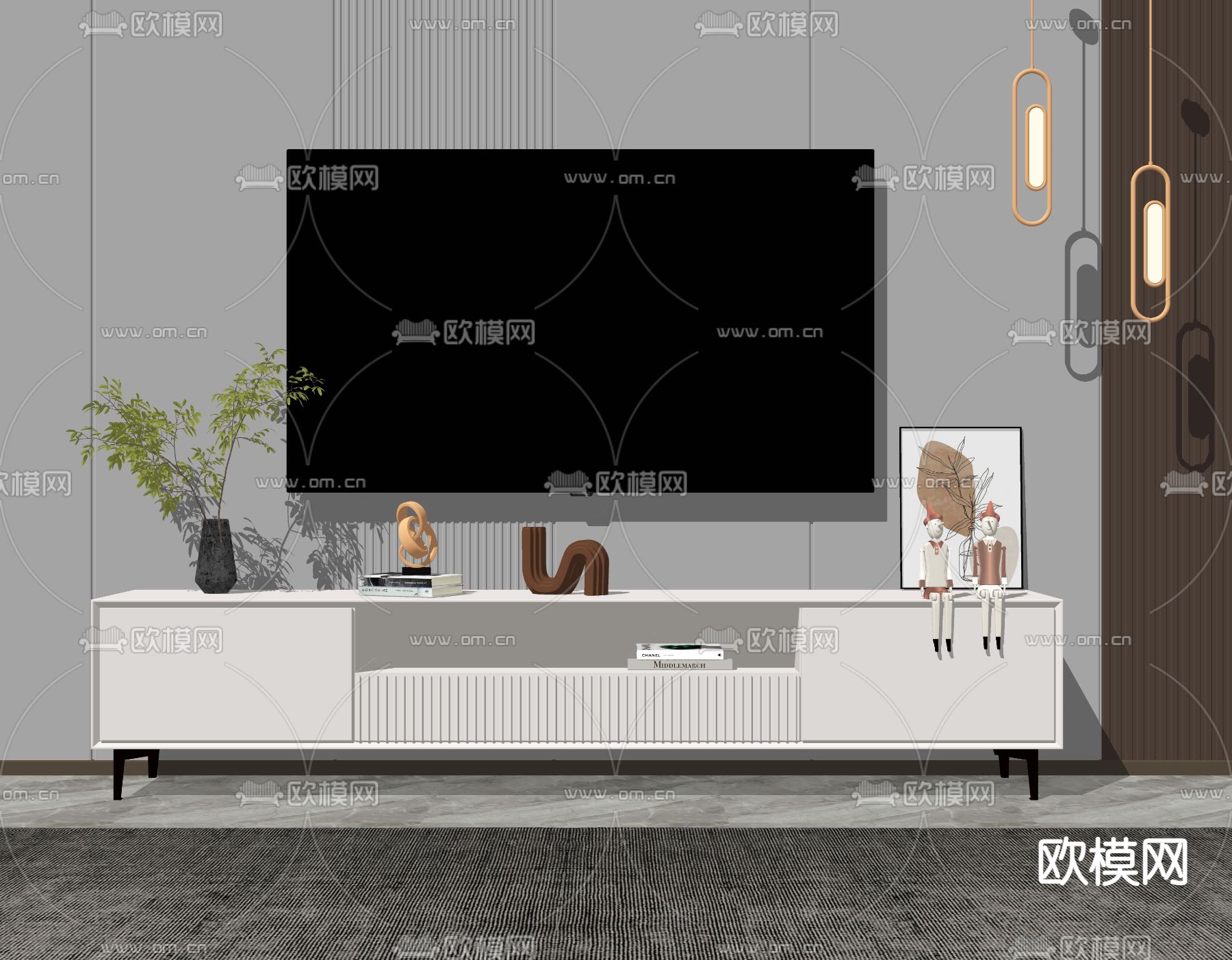 奶油风电视柜su模型