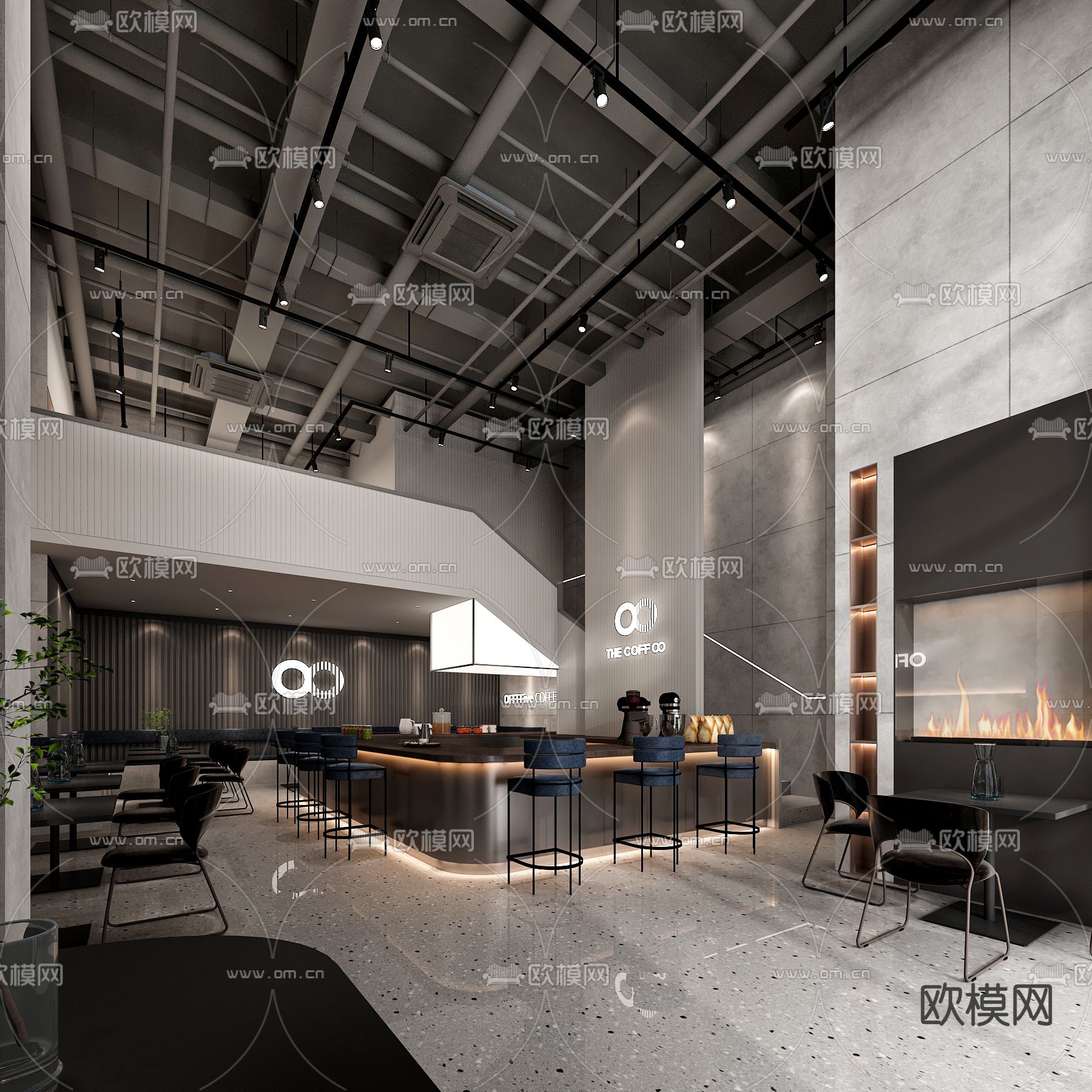 工业风咖啡厅3d模型下载_ID14053753_3dmax免费模型-欧模网