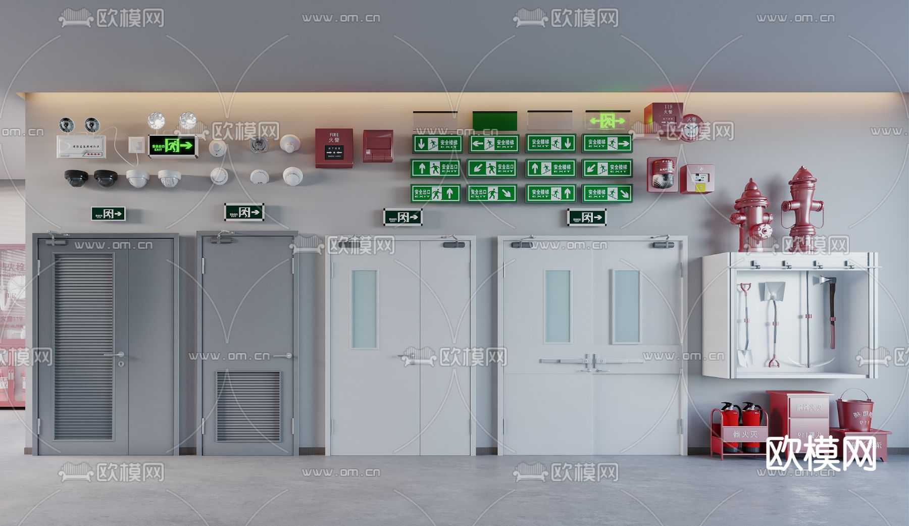 消防门 消防器材 消防栓 安全出口3d模型下载（渲染图1）