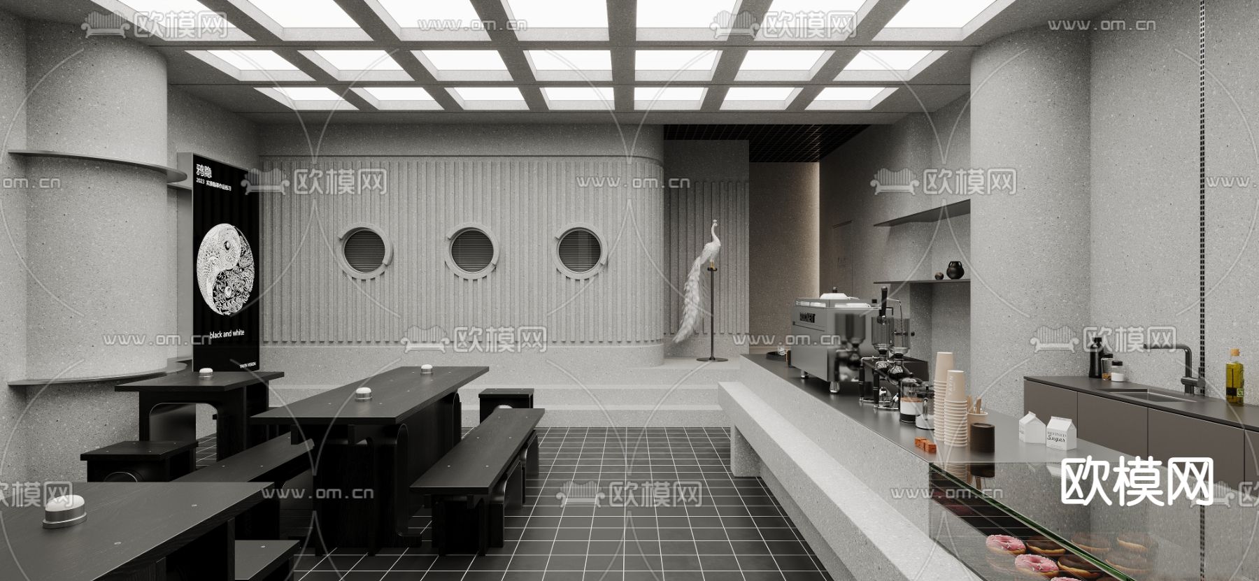 高级灰咖啡厅3d模型下载（渲染图1）