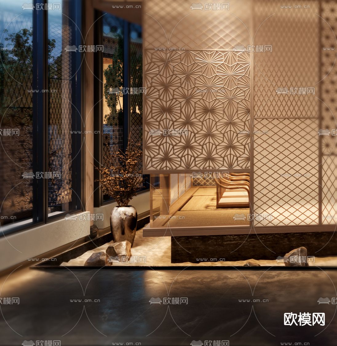 日式酒店大堂过道su模型