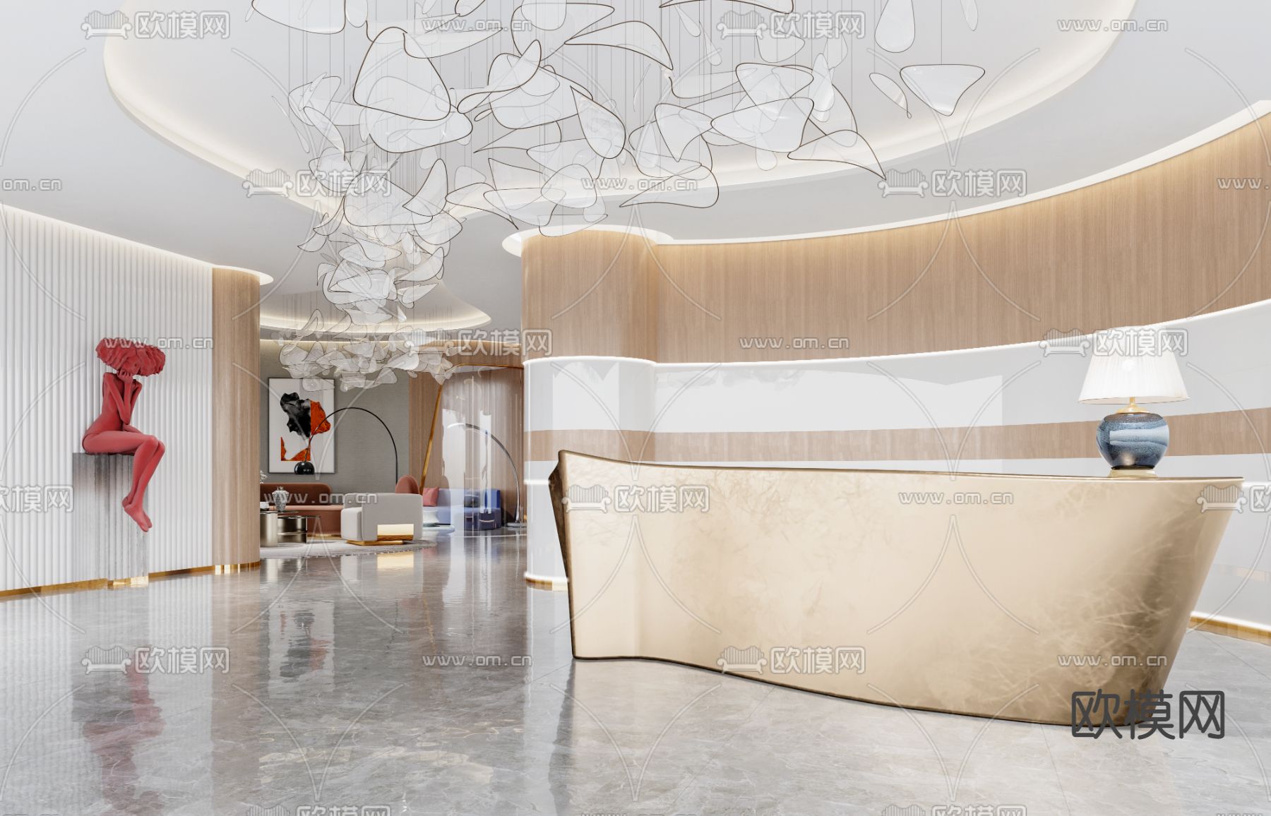 轻奢前台 美容院大厅3d模型下载（渲染图1）