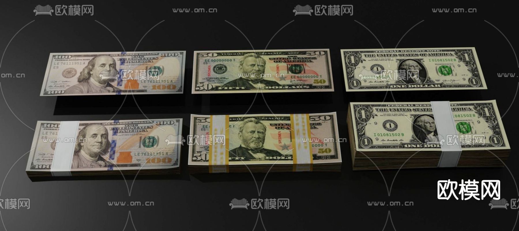 钱 纸币 钞票 美元3d模型下载（渲染图1）