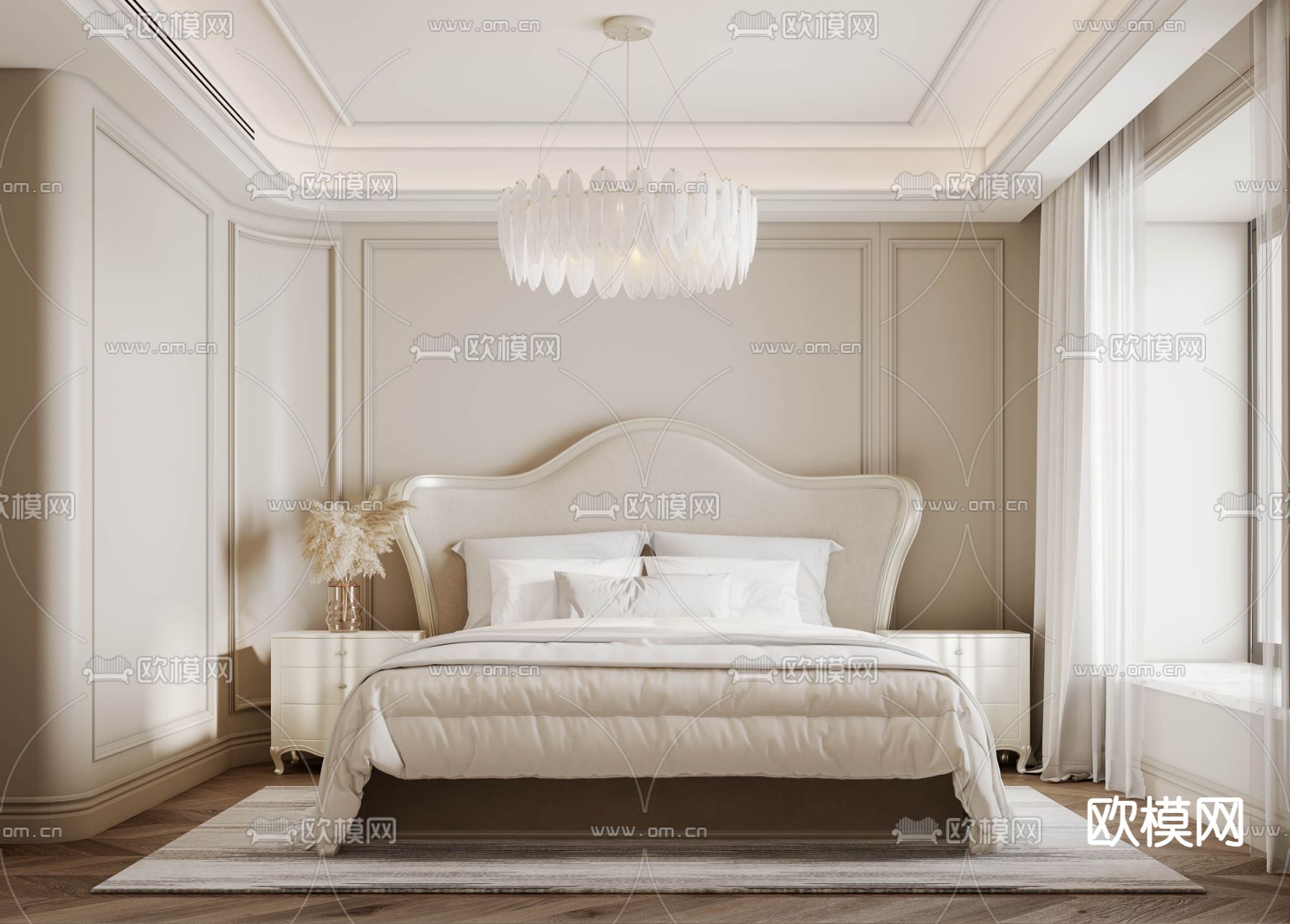 奶油风卧室 主人房3d模型下载