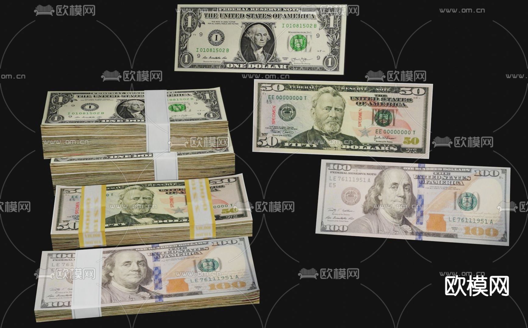 钱 纸币 钞票 美元3d模型下载（渲染图3）