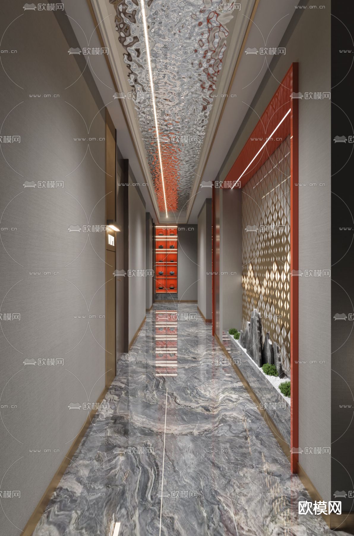 新中式酒店 走廊过道3d模型下载