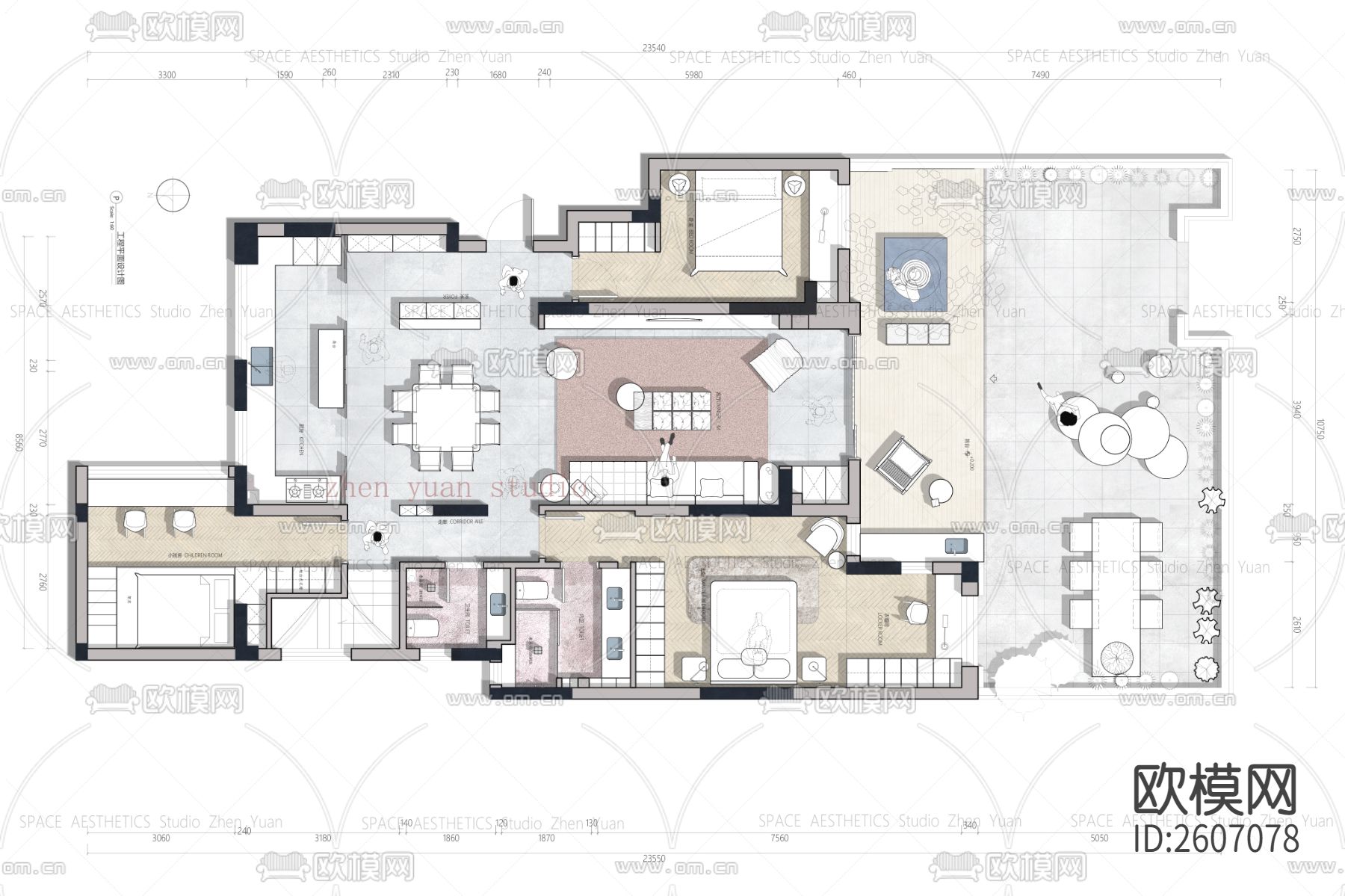 150平户型设计彩平CAD施工图+PSD下载（渲染图1）