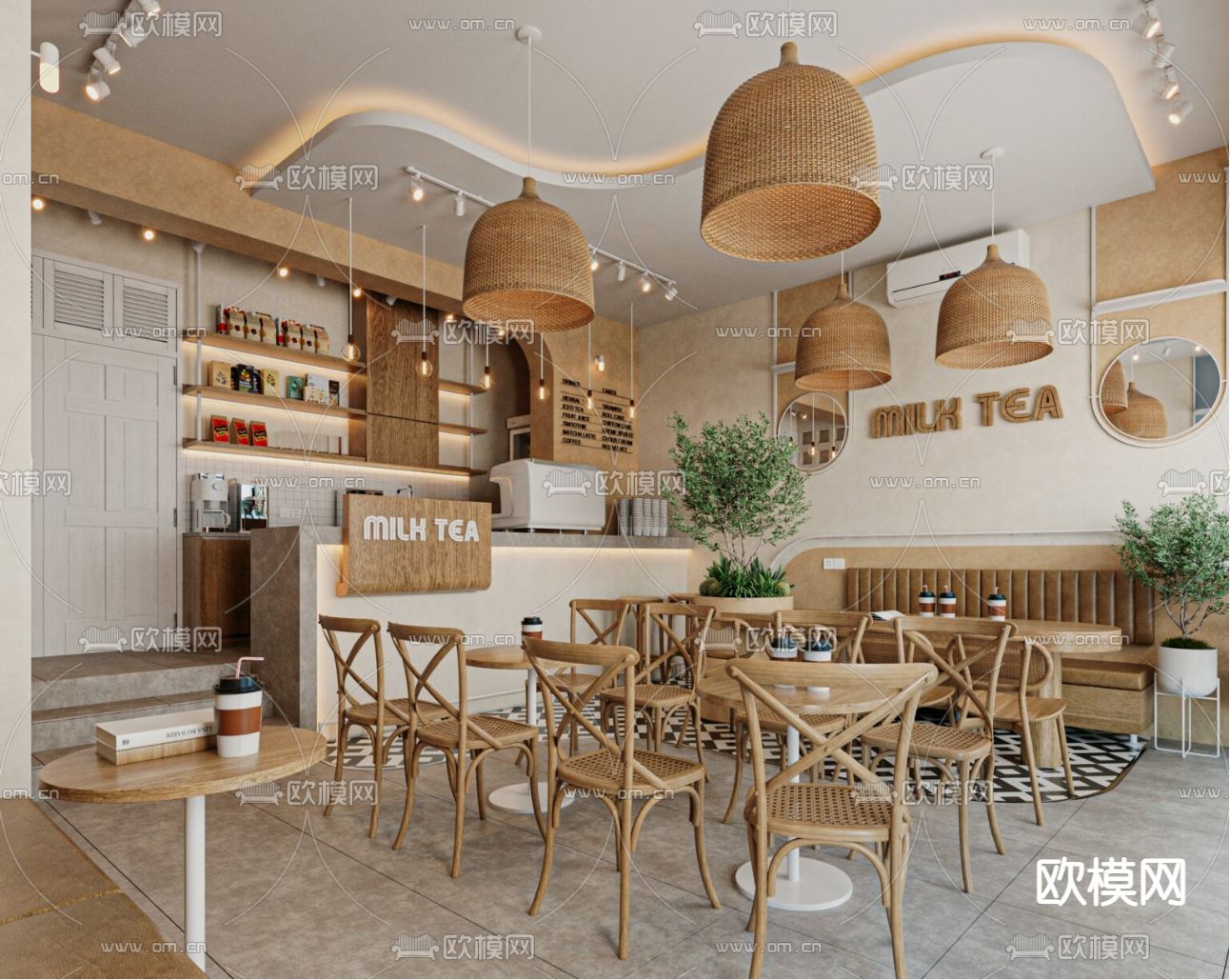 简美咖啡店su模型下载（渲染图1）