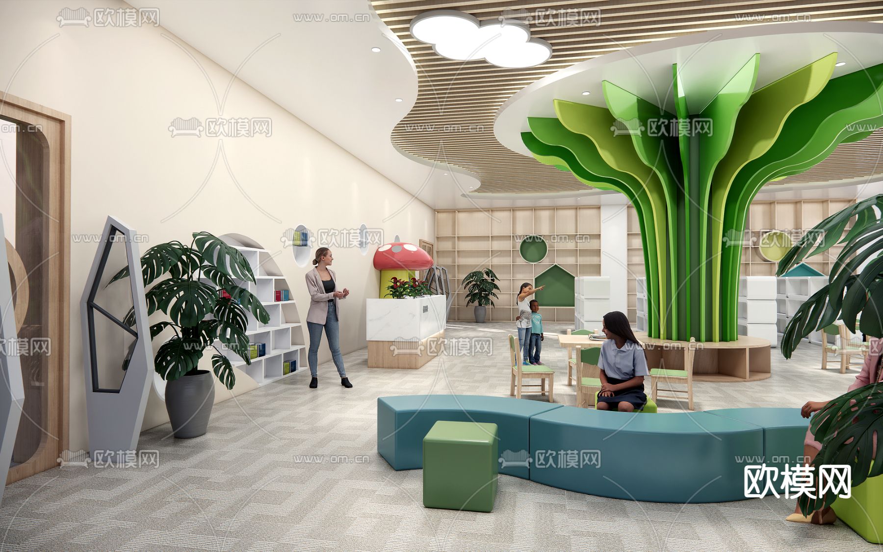 现代幼儿园 儿童阅览室su模型下载（渲染图2）