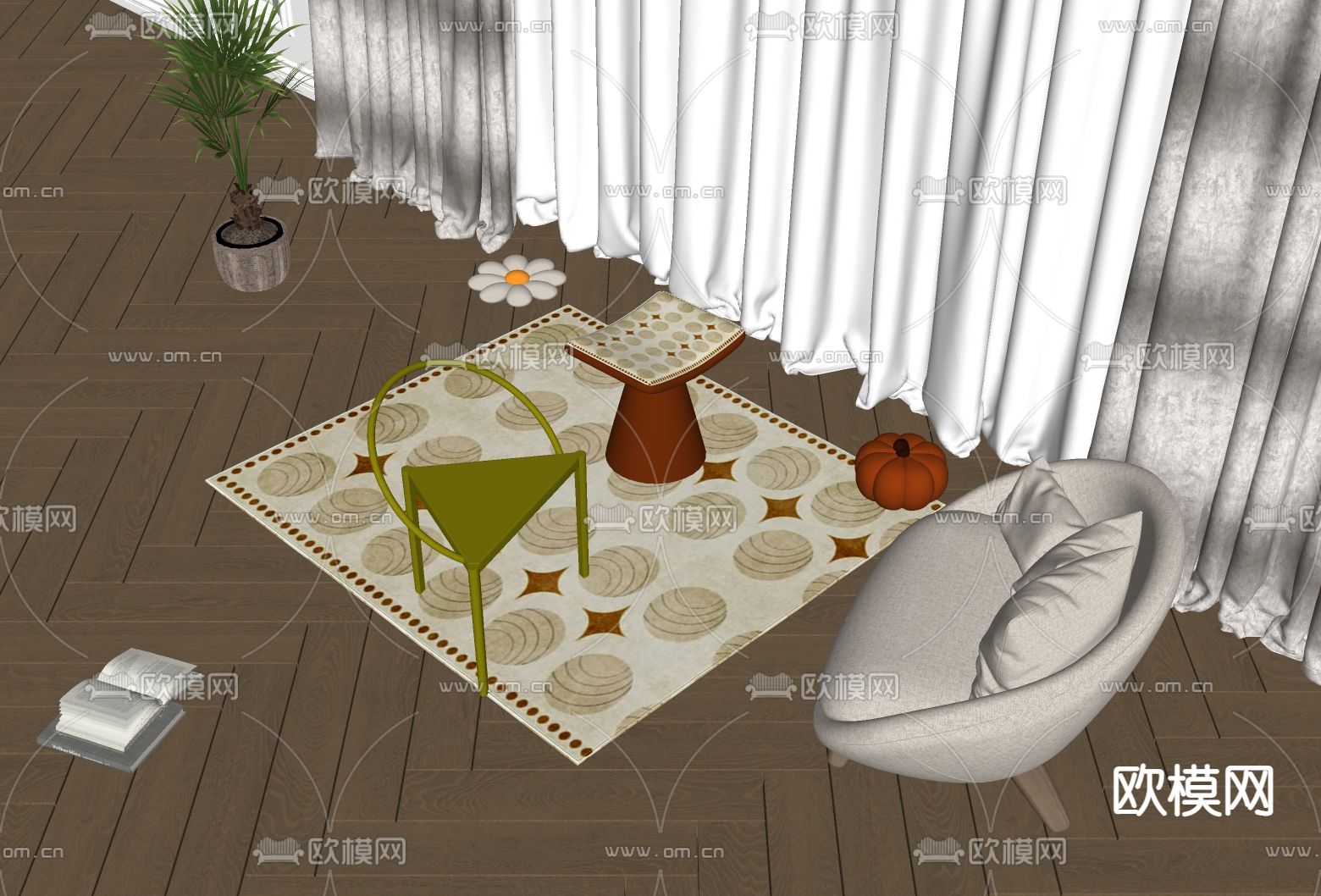 奶油风矮凳su模型下载（渲染图2）