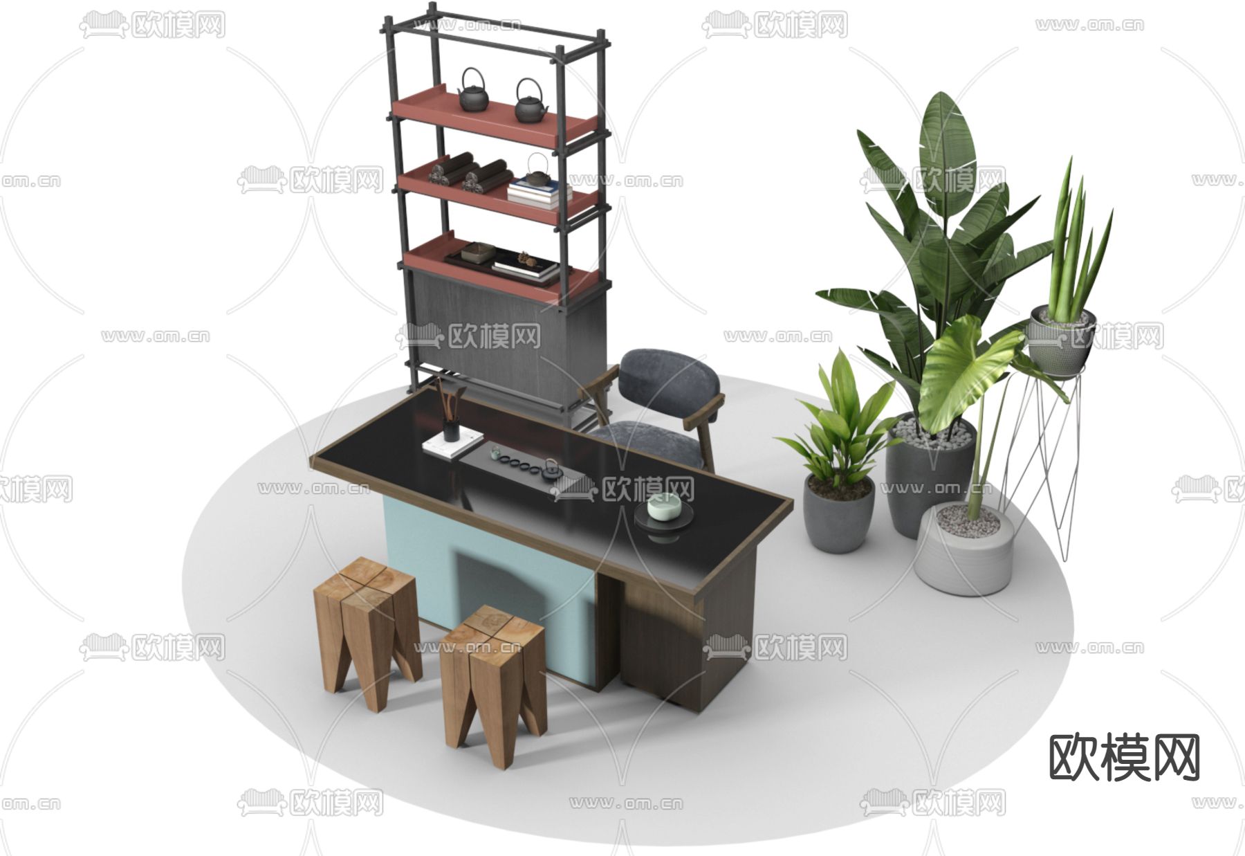现代茶桌椅 茶台3d模型下载（渲染图1）