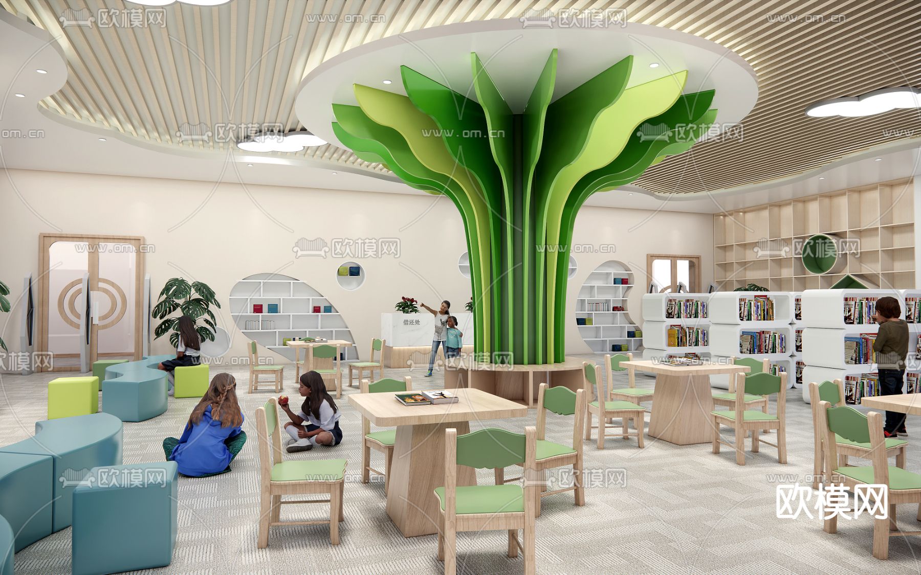 现代幼儿园 儿童阅览室su模型下载（渲染图1）