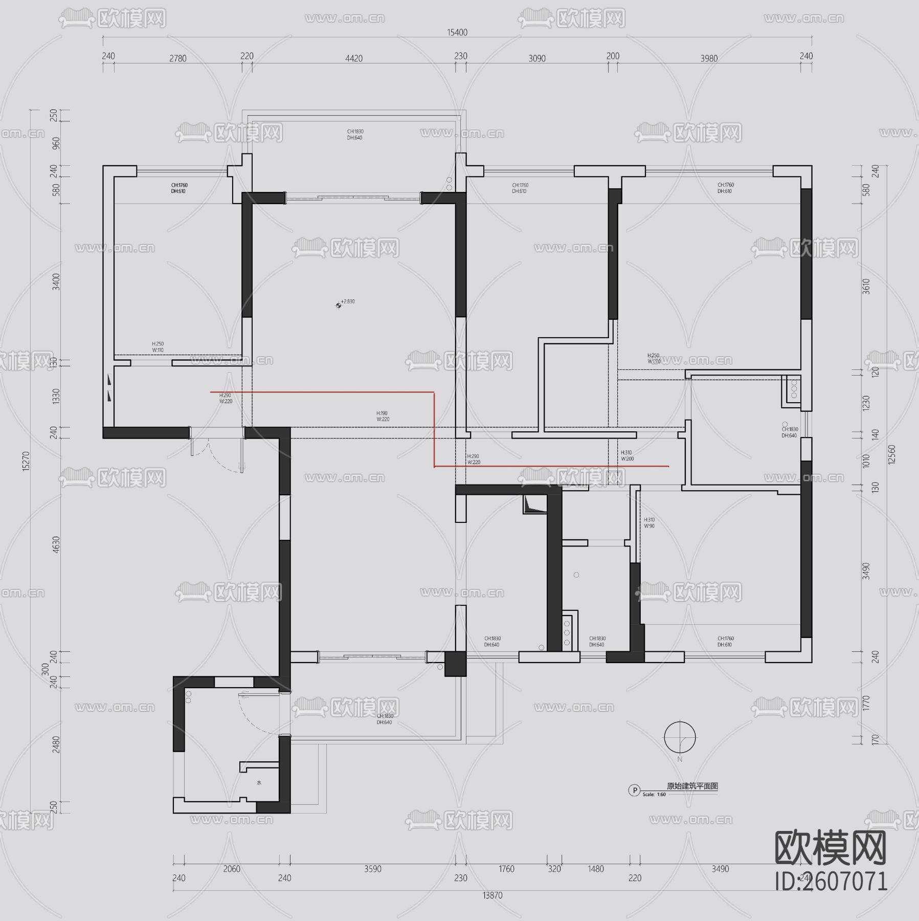 171平户型平面设计CAD施工图下载（渲染图3）