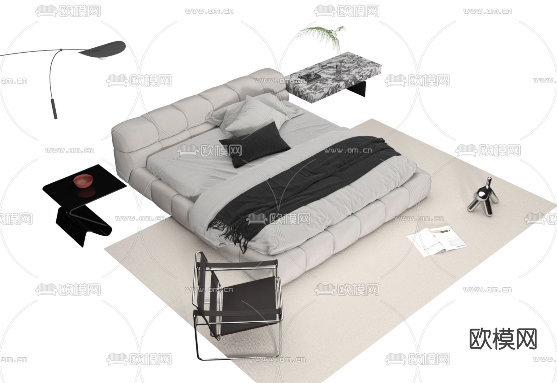 现代双人床3d模型下载（渲染图1）