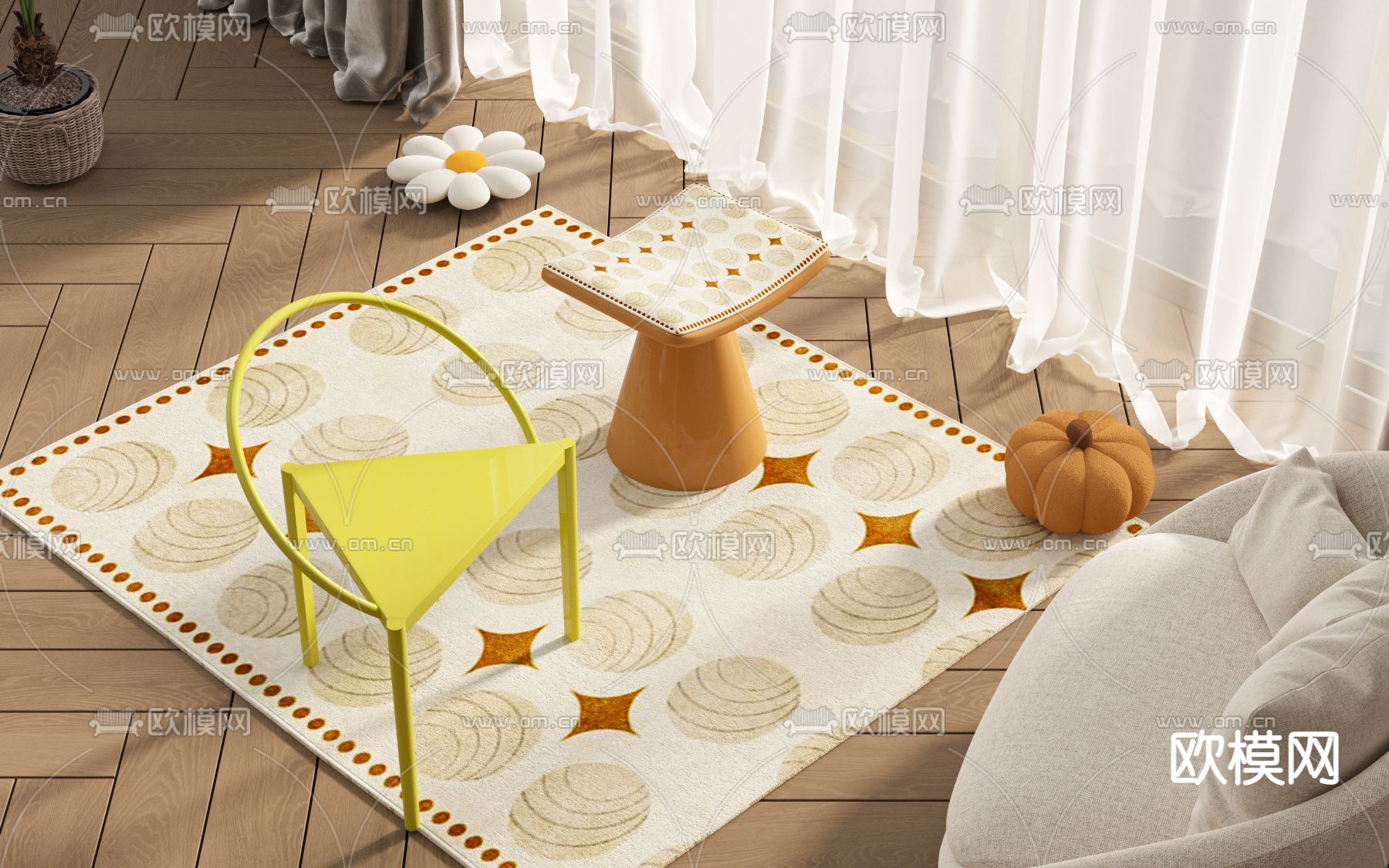 奶油风矮凳su模型下载（渲染图1）