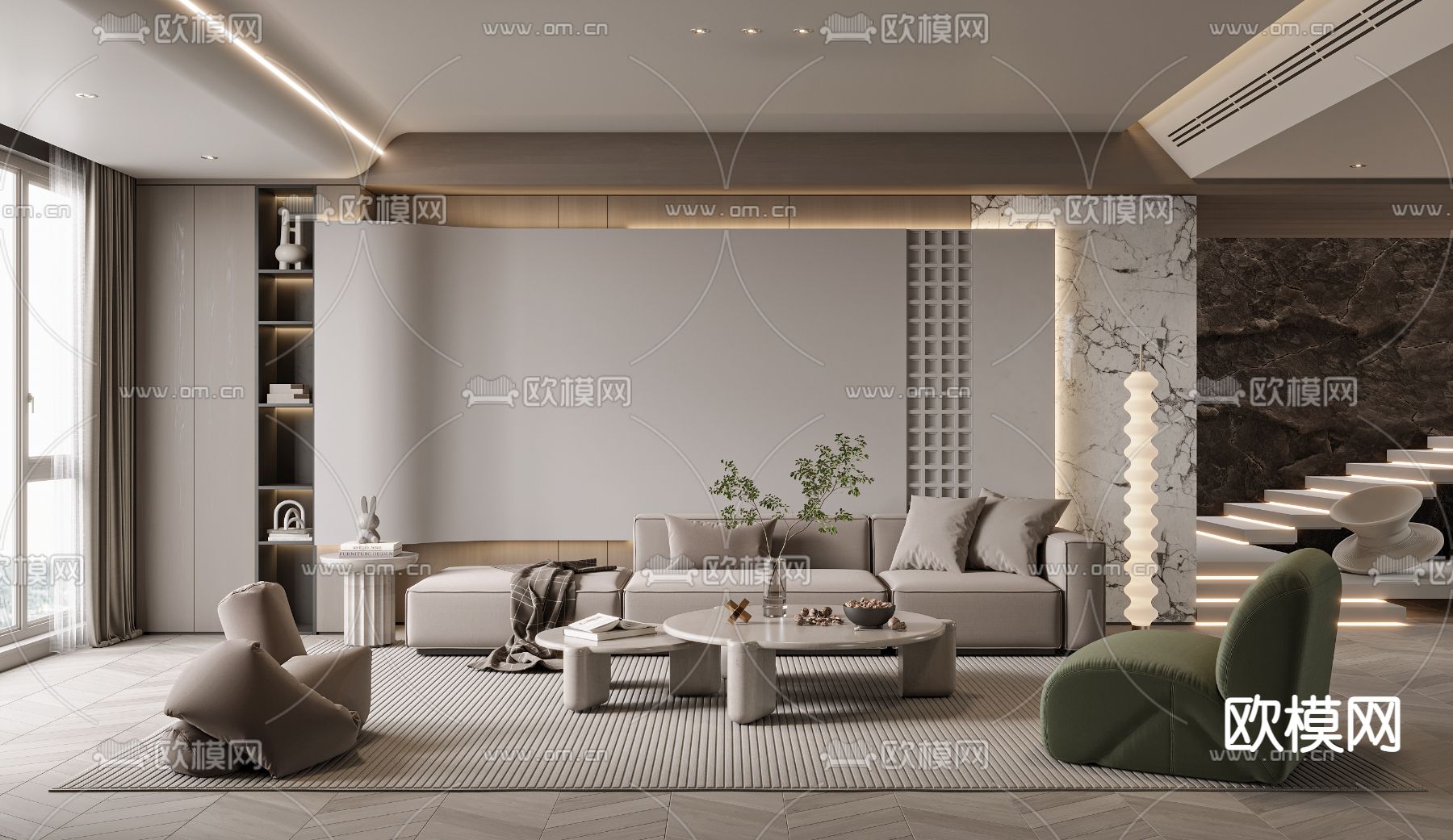 现代复式客厅3d模型下载_ID14056785_3dmax免费模型-欧模网
