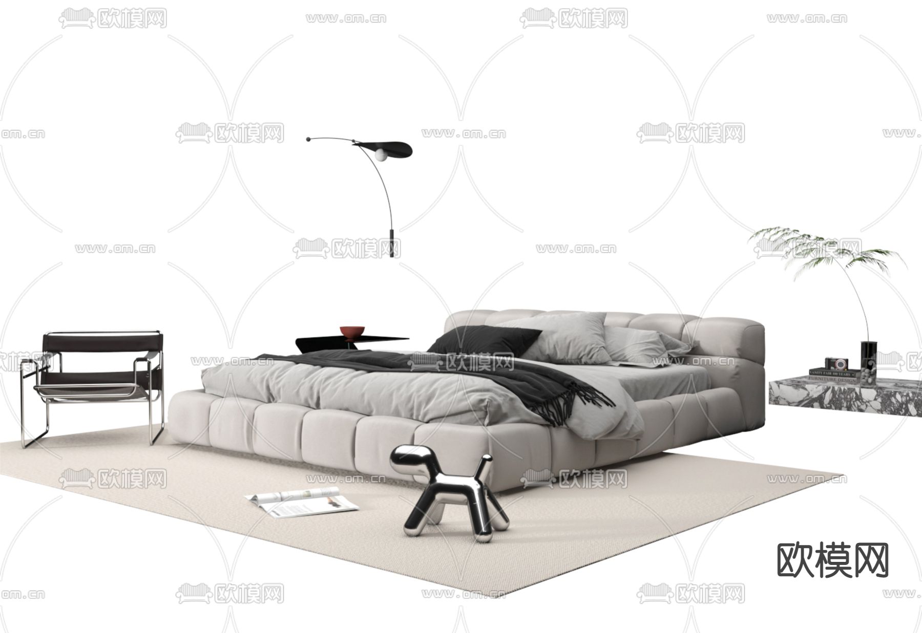 现代双人床3d模型下载（渲染图2）