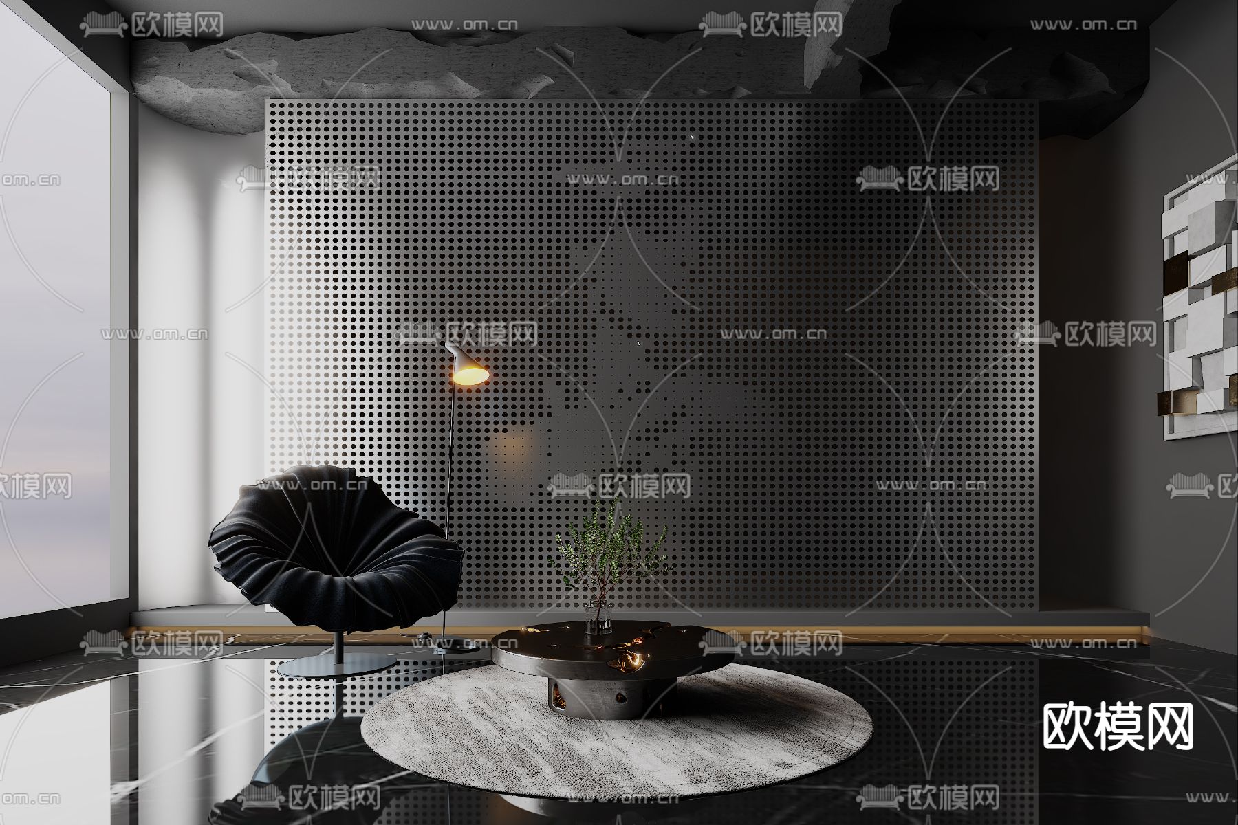 暗黑风休闲椅 茶几su模型下载（渲染图1）