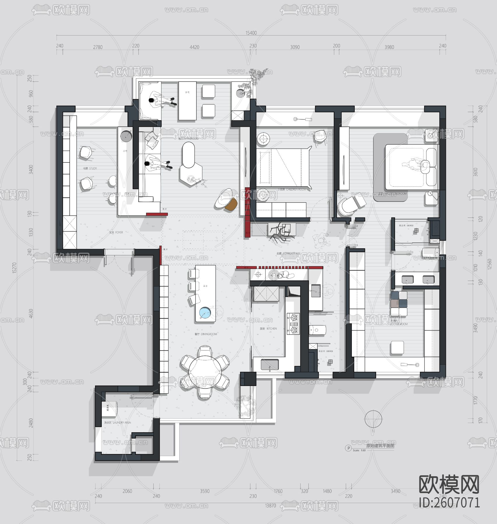 171平户型平面设计CAD施工图下载（渲染图2）