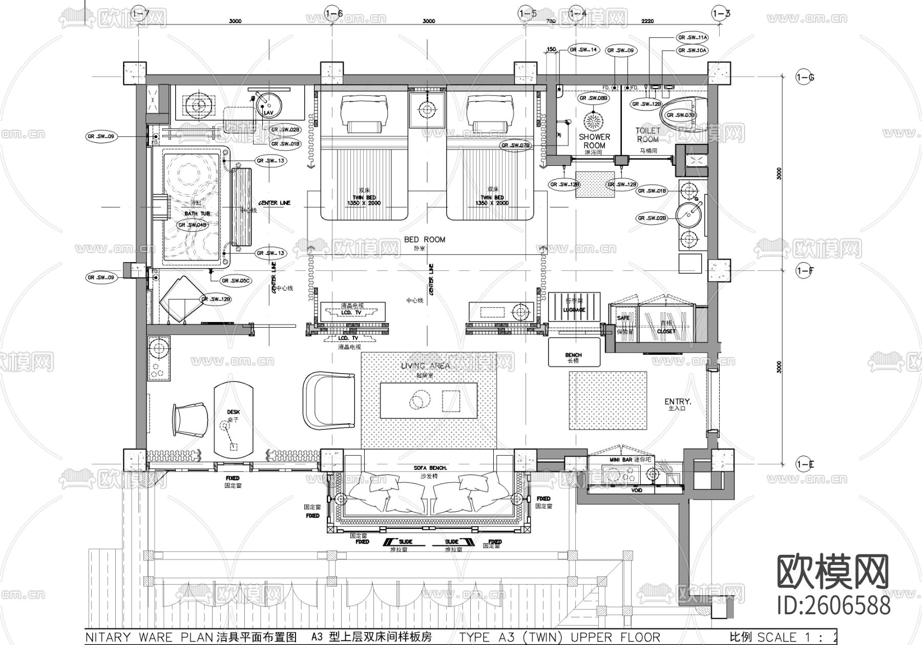 新中式民宿客房样板间cad施工图下载（渲染图3）